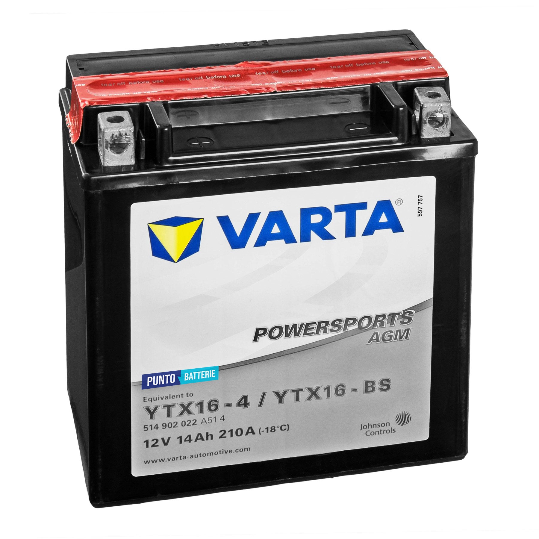 Batteria originale Varta Powersport AGM YTX16-4, dimensioni 152 x 88 x 131, polo positivo a sinistra, 12 volt, 14 amperora, 210 ampere. Batteria per moto, scooter e powersport.
