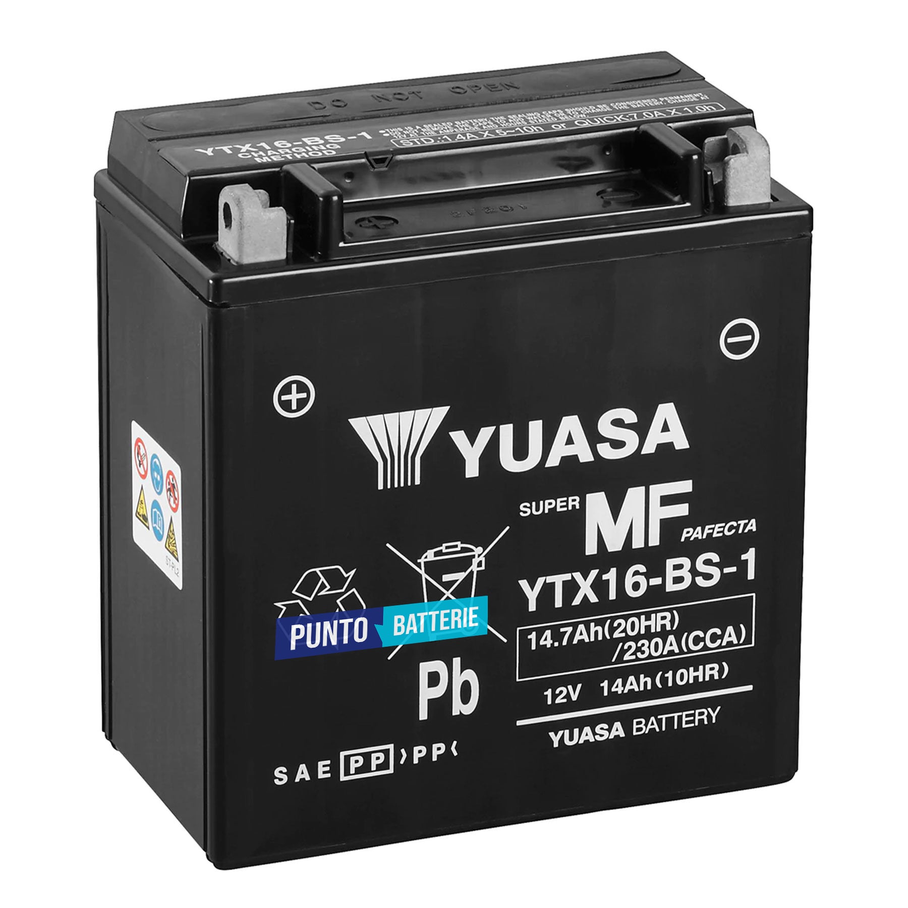 Batteria originale Yuasa YTX YTX16-BS-1, dimensioni 150 x 87 x 161, polo positivo a sinistra, 12 volt, 14 amperora, 230 ampere. Batteria per moto, scooter e powersport.