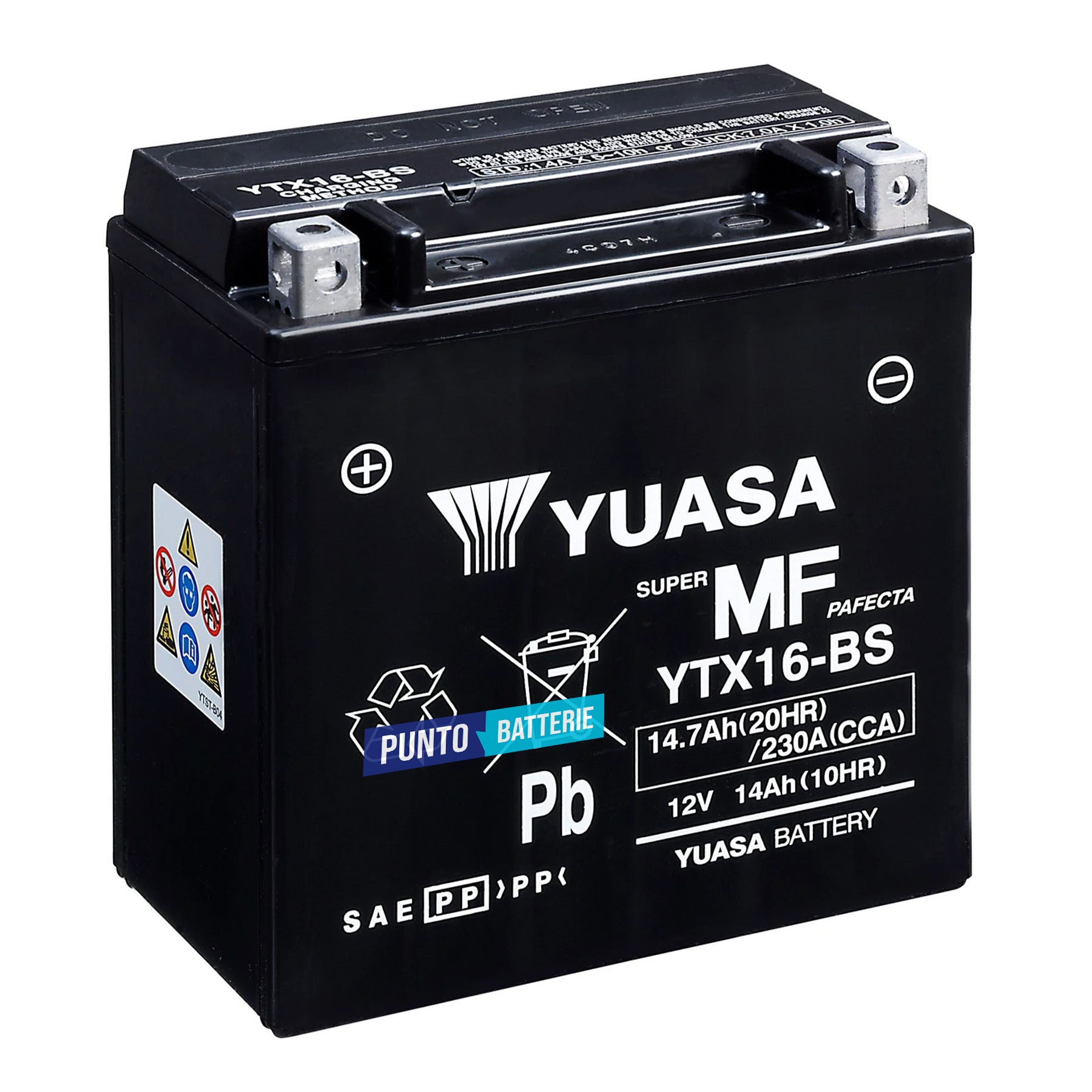 Batteria originale Yuasa YTX YTX16-BS, dimensioni 150 x 87 x 161, polo positivo a sinistra, 12 volt, 14 amperora, 230 ampere. Batteria per moto, scooter e powersport.