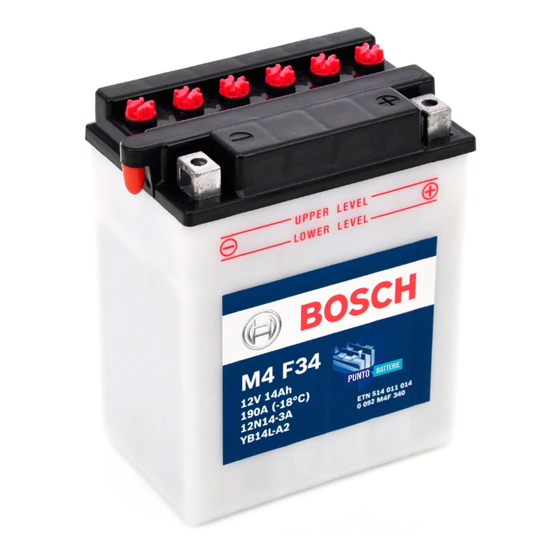 Batteria originale Bosch M4 M4F34, dimensioni 134 x 89 x 145, polo positivo a destra, 12 volt, 14 amperora, 190 ampere. Batteria per moto, scooter e powersport.