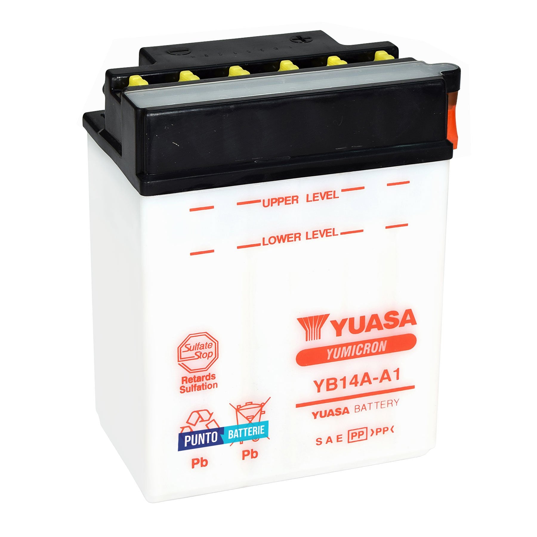 Batteria originale Yuasa YuMicron YB14A-A1, dimensioni 134 x 89 x 176, polo positivo a sinistra, 12 volt, 14 amperora, 175 ampere. Batteria per moto, scooter e powersport.