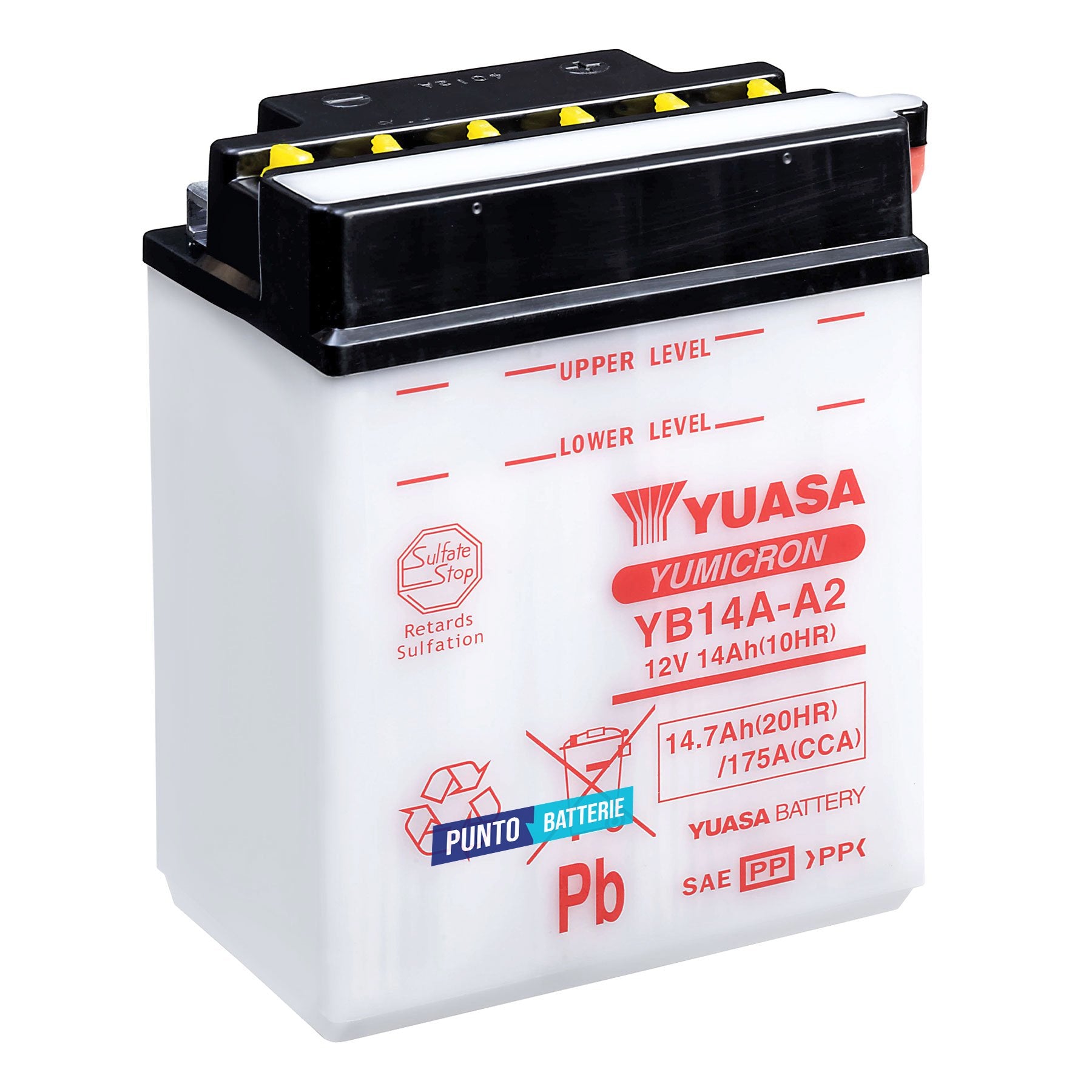 Batteria originale Yuasa YuMicron YB14A-A2, dimensioni 134 x 89 x 176, polo positivo a sinistra, 12 volt, 14 ampe