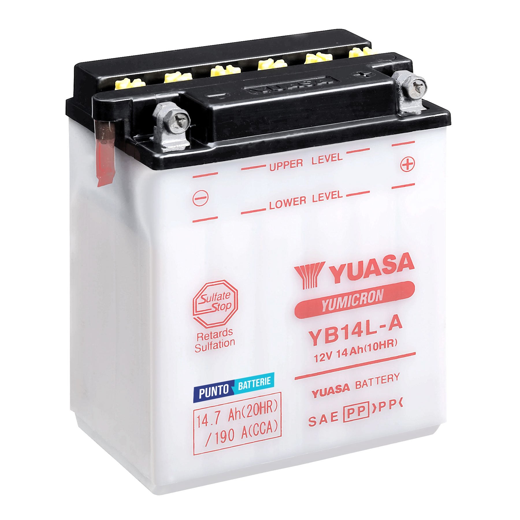 Batteria originale Yuasa YuMicron YB14L-A, dimensioni 134 x 89 x 166, polo positivo a destra, 12 volt, 14 amperora, 190 ampere. Batteria per moto, scooter e powersport.