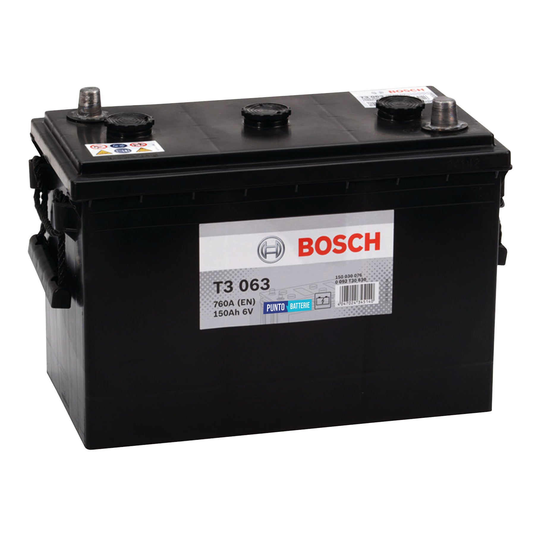 Batteria originale Bosch T3 T3063, dimensioni 333 x 175 x 235, polo positivo a destra, 6 volt, 150 amperora, 760 ampere. Batteria per camion e veicoli pesanti.