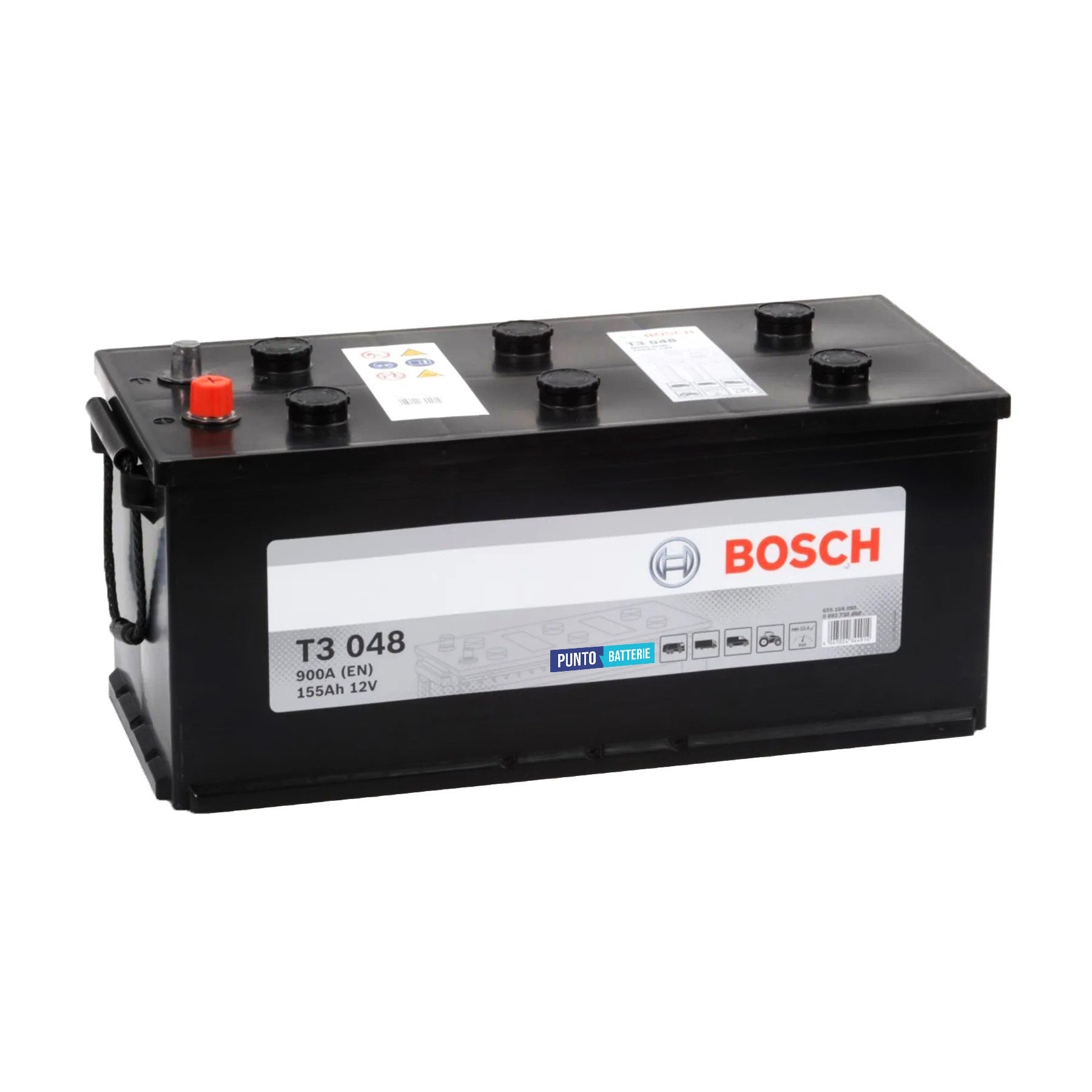 Batteria originale Bosch T3 T3048, dimensioni 516 x 218 x 223, polo positivo a destra, 12 volt, 155 amperora, 900 ampere. Batteria per camion e veicoli pesanti.