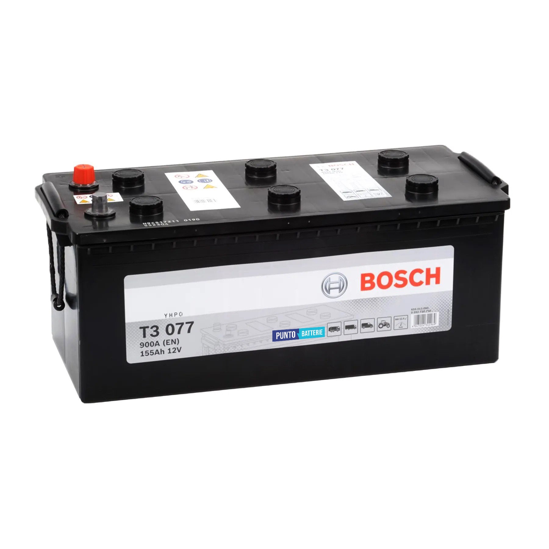 Batteria originale Bosch T3 T3077, dimensioni 513 x 223 x 223, polo positivo a sinistra, 12 volt, 155 amperora, 900 ampere. Batteria per camion e veicoli pesanti.