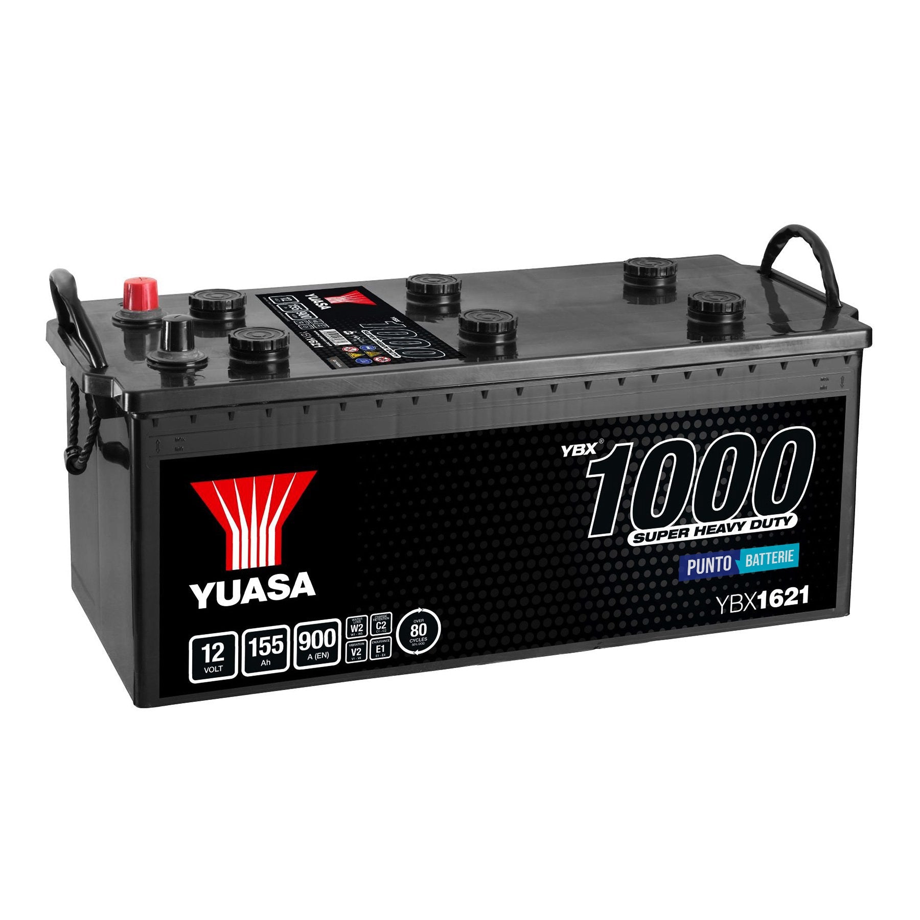 Batteria originale Yuasa YBX1000 YBX1621, dimensioni 513 x 223 x 223, polo positivo a sinistra, 12 volt, 155 amperora, 900 ampere. Batteria per camion e veicoli pesanti.