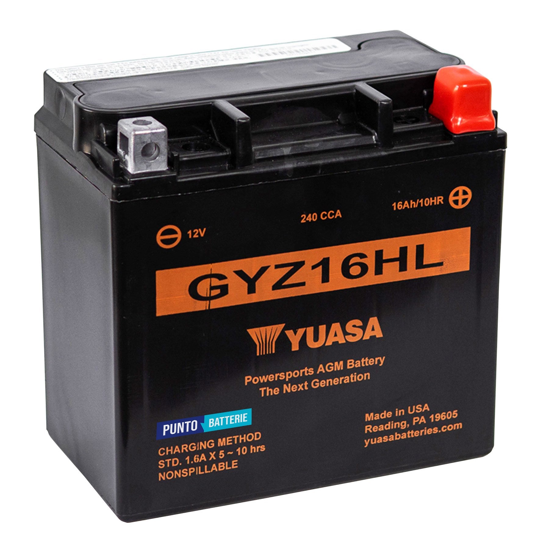 Batteria originale Yuasa GYZ GYZ16HL, dimensioni 150 x 87 x 145, polo positivo a destra, 12 volt, 16 amperora, 240 ampere. Batteria per moto, scooter e powersport.