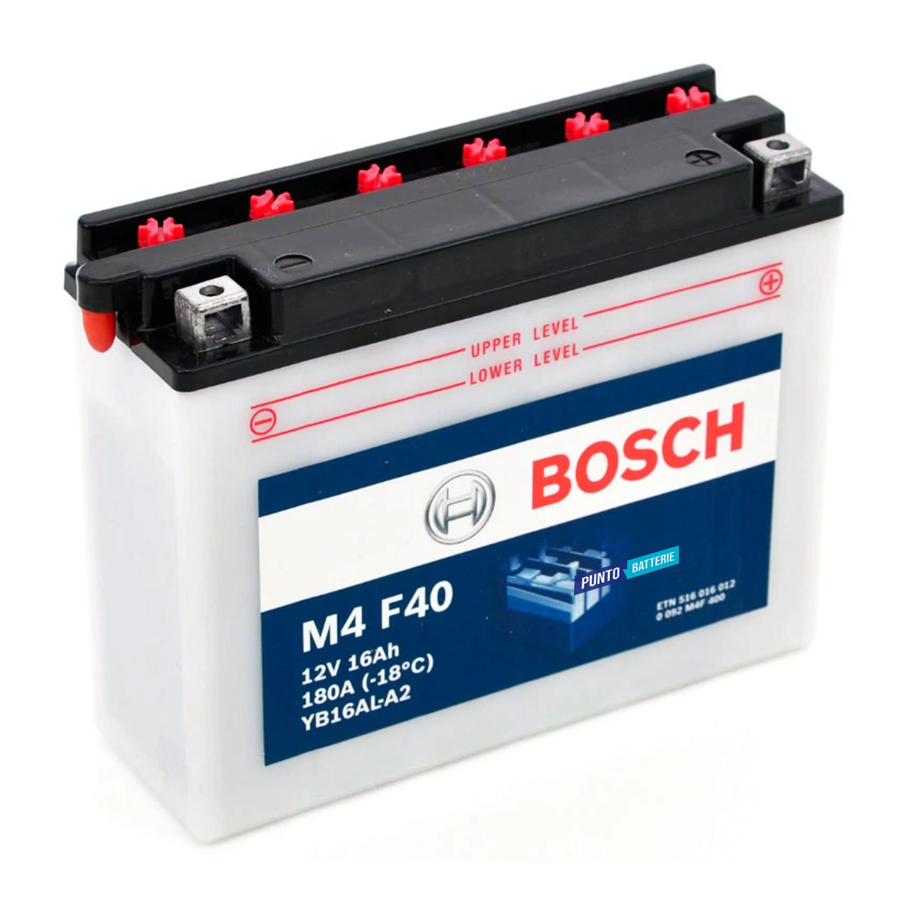 Batteria originale Bosch M4 M4F40, dimensioni 207 x 71.5 x 164, polo positivo a destra, 12 volt, 16 amperora, 180 ampere. Batteria per moto, scooter e powersport.