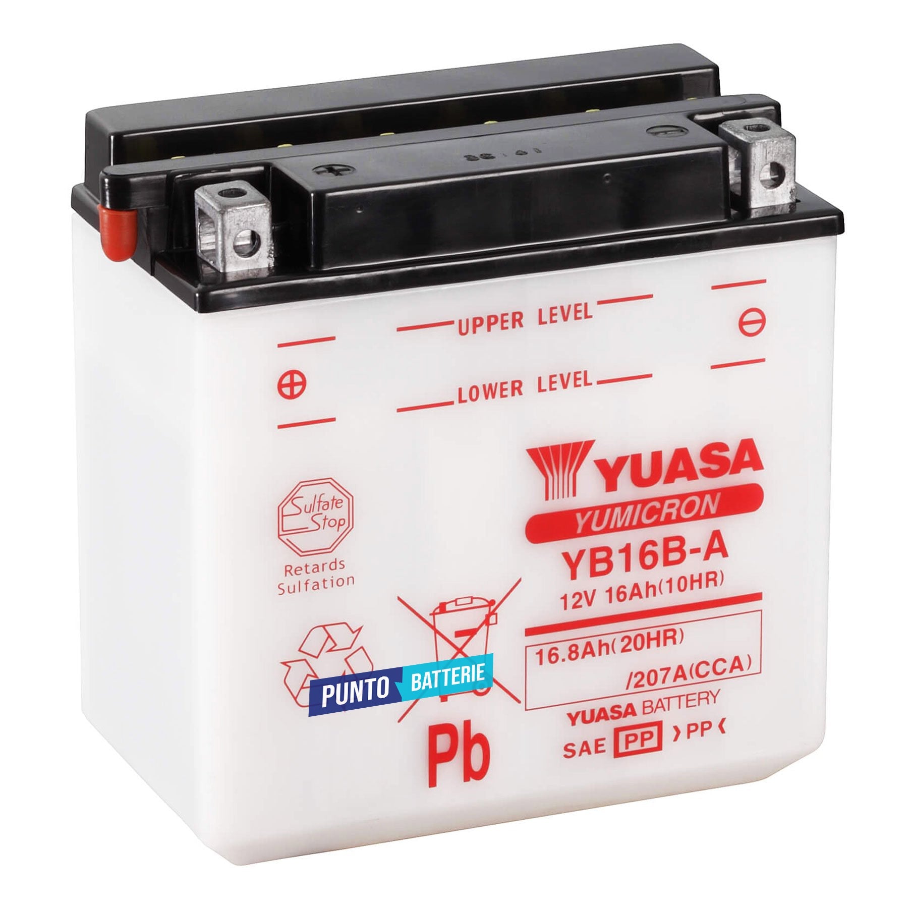 Batteria originale Yuasa YuMicron YB16B-A, dimensioni 160 x 90 x 161, polo positivo a sinistra, 12 volt, 16 amperora, 207 ampere. Bat