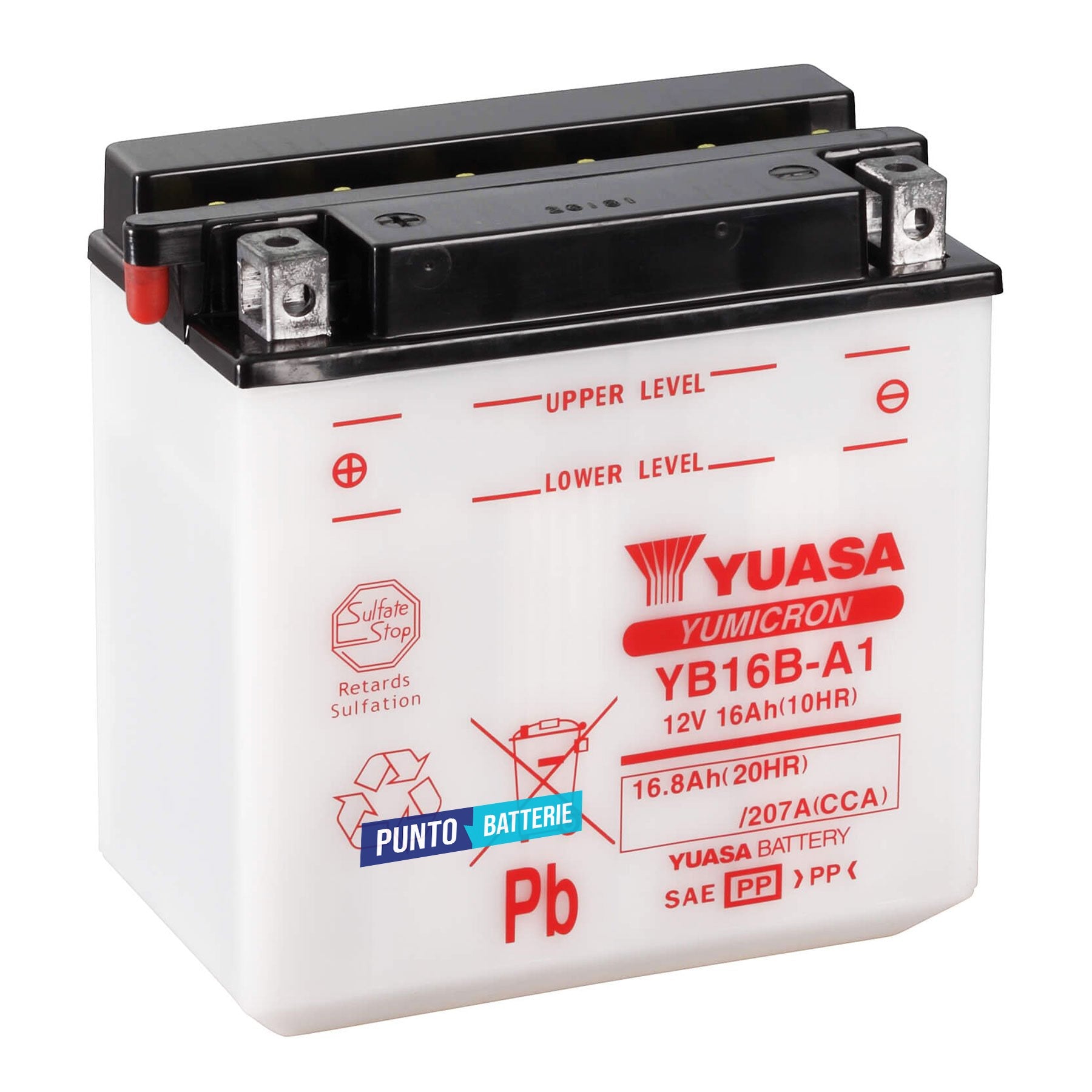 Batteria originale Yuasa YuMicron YB16B-A1, dimensioni 160 x 90 x 161, polo positivo a sinistra, 12 volt, 16 amperora, 207 ampere. Batteria per moto, scooter e powersport.