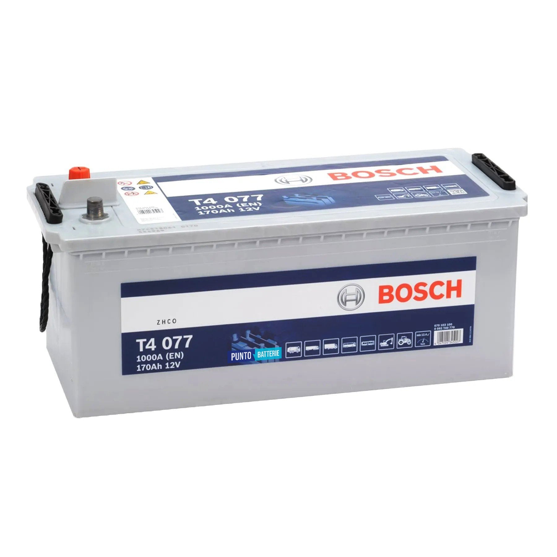 Batteria originale Bosch T4 T5077, dimensioni 513 x 223 x 223, polo positivo a sinistra, 12 volt, 170 amperora, 1000 ampere. Batteria per camion e veicoli pesanti.