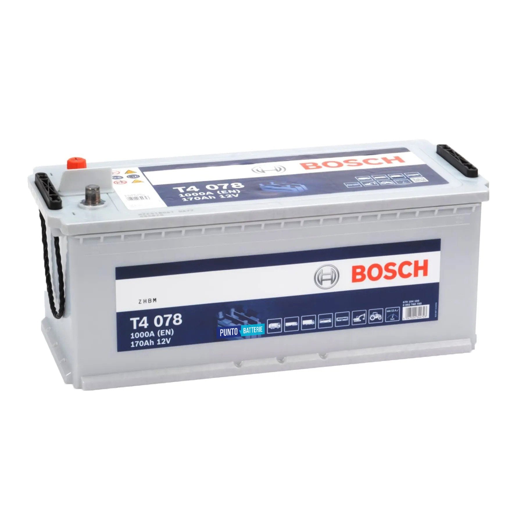 Batteria originale Bosch T4 T5078, dimensioni 513 x 223 x 223, polo positivo a sinistra, 12 volt, 170 amperora, 1000 ampere. Batteria per camion e veicoli pesanti.