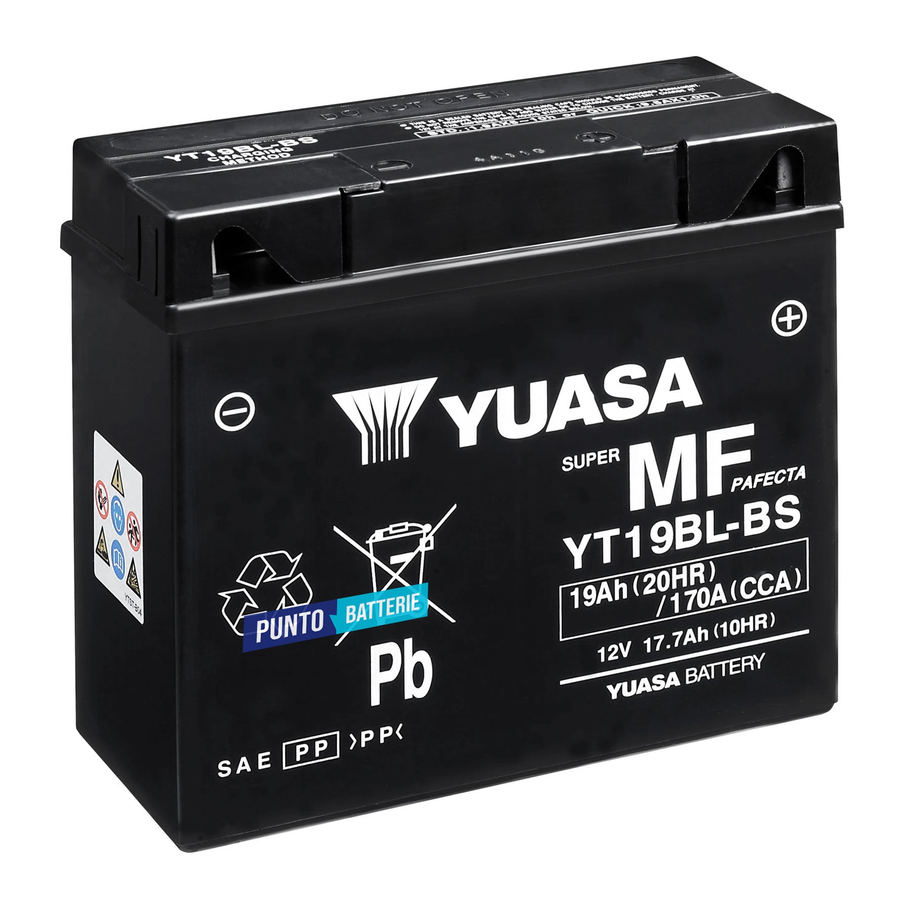 Batteria originale Yuasa YT YT19BL-BS, dimensioni 186 x 82 x 171, polo positivo a destra, 12 volt, 17 amperora, 170 ampere. Batteria per moto, scooter e powersport.