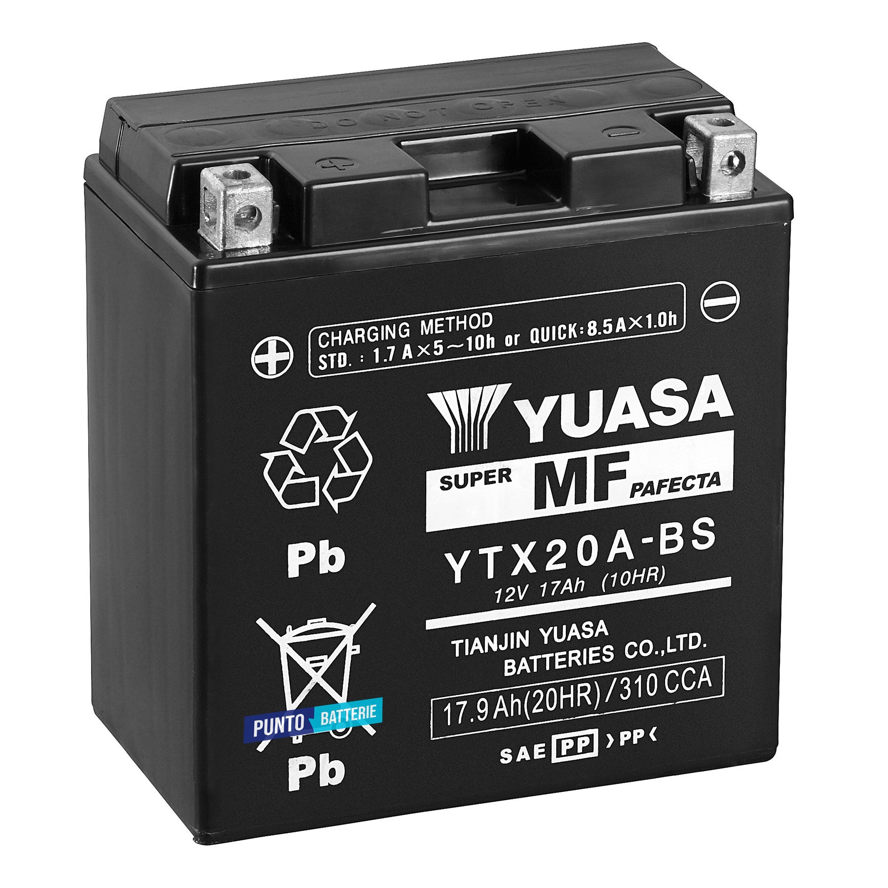 Batteria originale Yuasa YTX YTX20A-BS, dimensioni 150 x 87 x 161, polo positivo a sinistra, 12 volt, 17 amperora, 270 ampere. Batteria per moto, scooter e powersport.