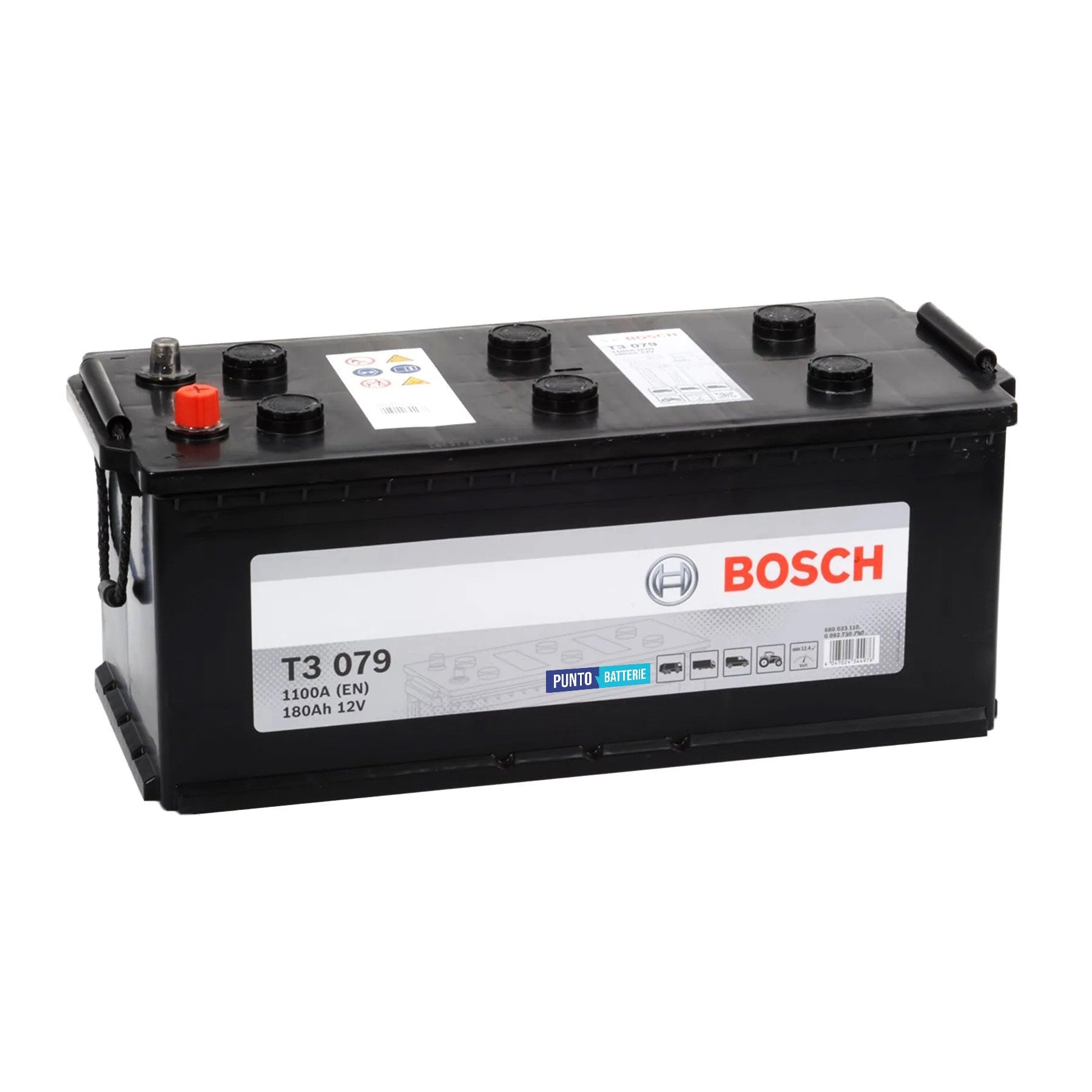 Batteria originale Bosch T3 T3079, dimensioni 513 x 223 x 223, polo positivo a destra, 12 volt, 180 amperora, 1100 ampere. Batteria per camion e veicoli pesanti.