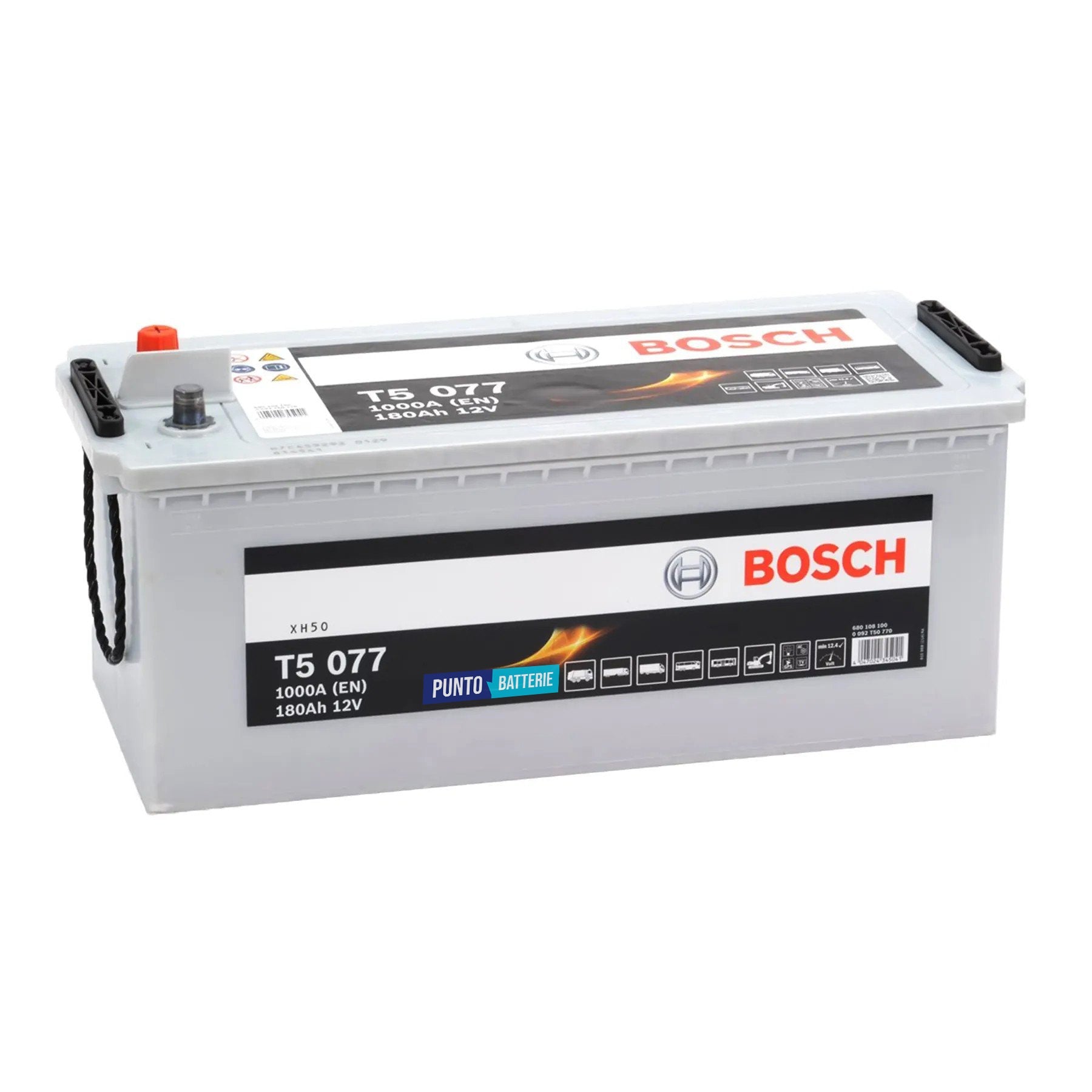 Batteria originale Bosch T5 T5077, dimensioni 513 x 223 x 223, polo positivo a sinistra, 12 volt, 180 amperora, 1000 ampere. Batteria per camion e veicoli pesanti.