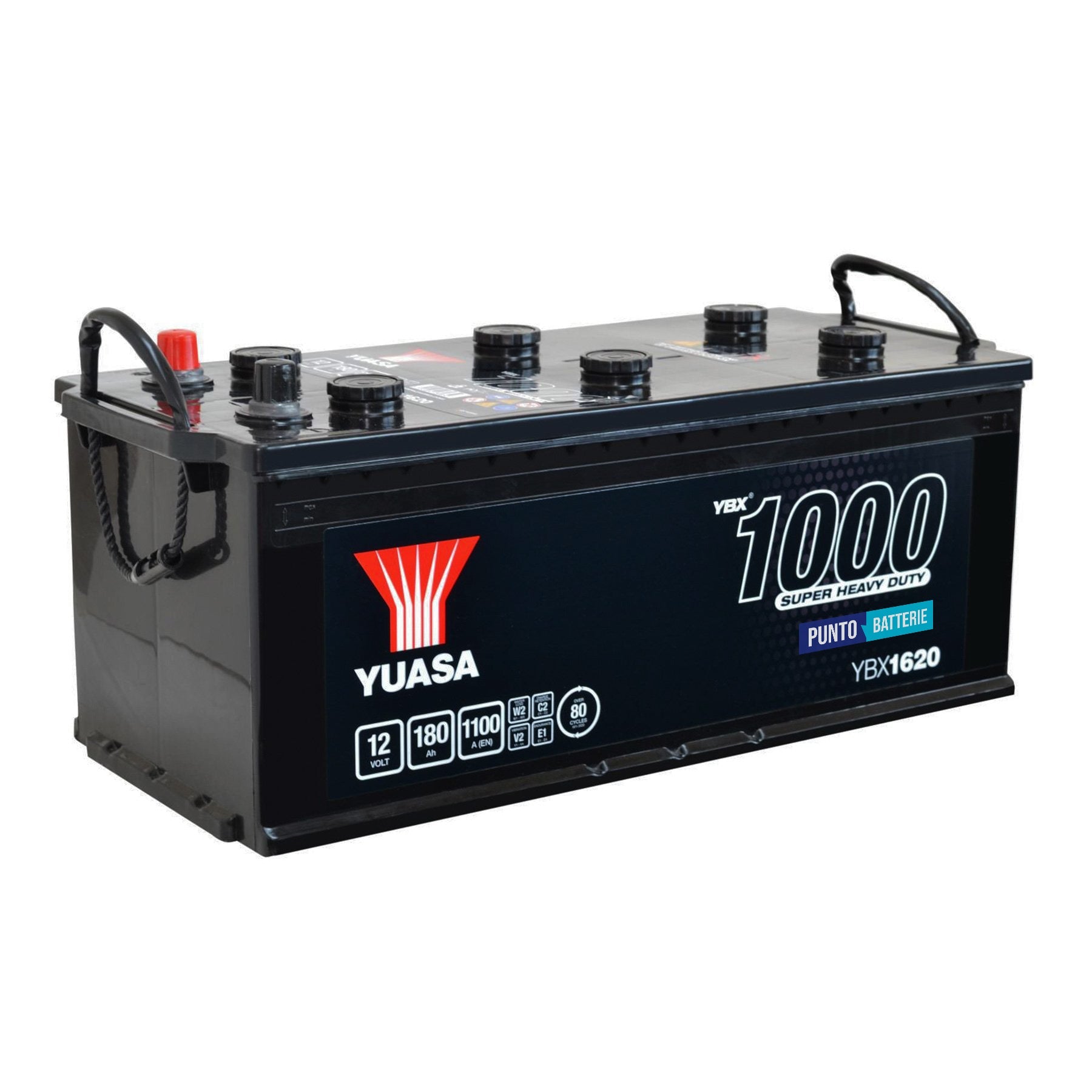 Batteria originale Yuasa YBX1000 YBX1620, dimensioni 513 x 223 x 223, polo positivo a sinistra, 12 volt, 180 amperora, 1100 ampere. Batteria per camion e veicoli pesanti.