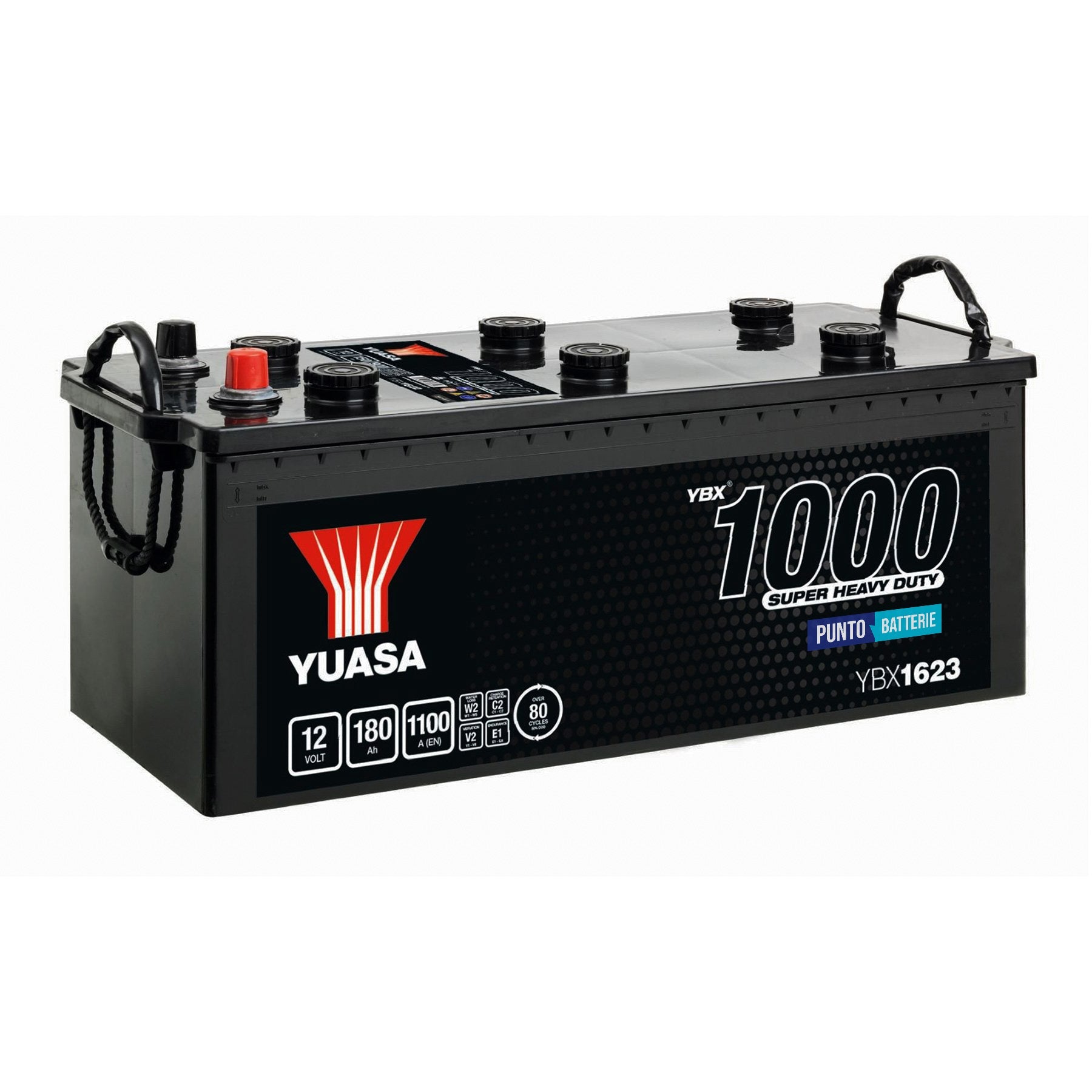 Batteria originale Yuasa YBX1000 YBX1623, dimensioni 513 x 223 x 223, polo positivo a destra, 12 volt, 180 amperora, 1100 ampere. Batteria per camion e veicoli pesan