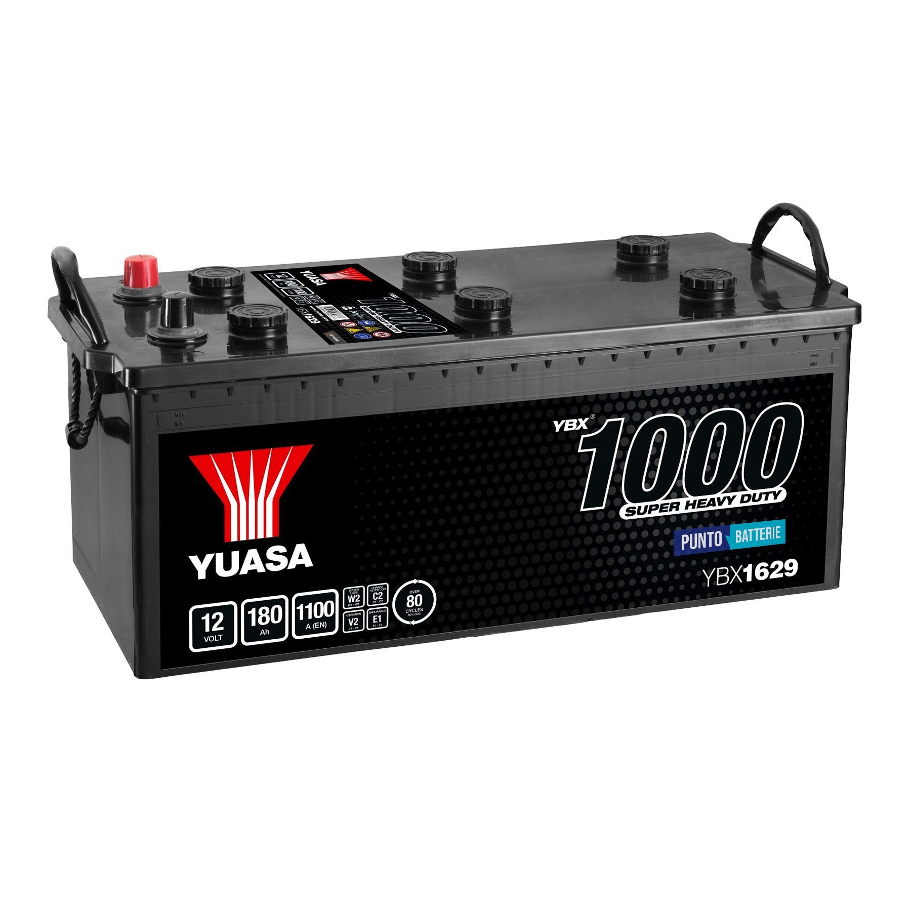 Batteria originale Yuasa YBX1000 YBX1629, dimensioni 513 x 223 x 223, polo positivo a sinistra, 12 volt, 180 amperora, 1100 ampere. Batteria per camion e veicoli pesanti.