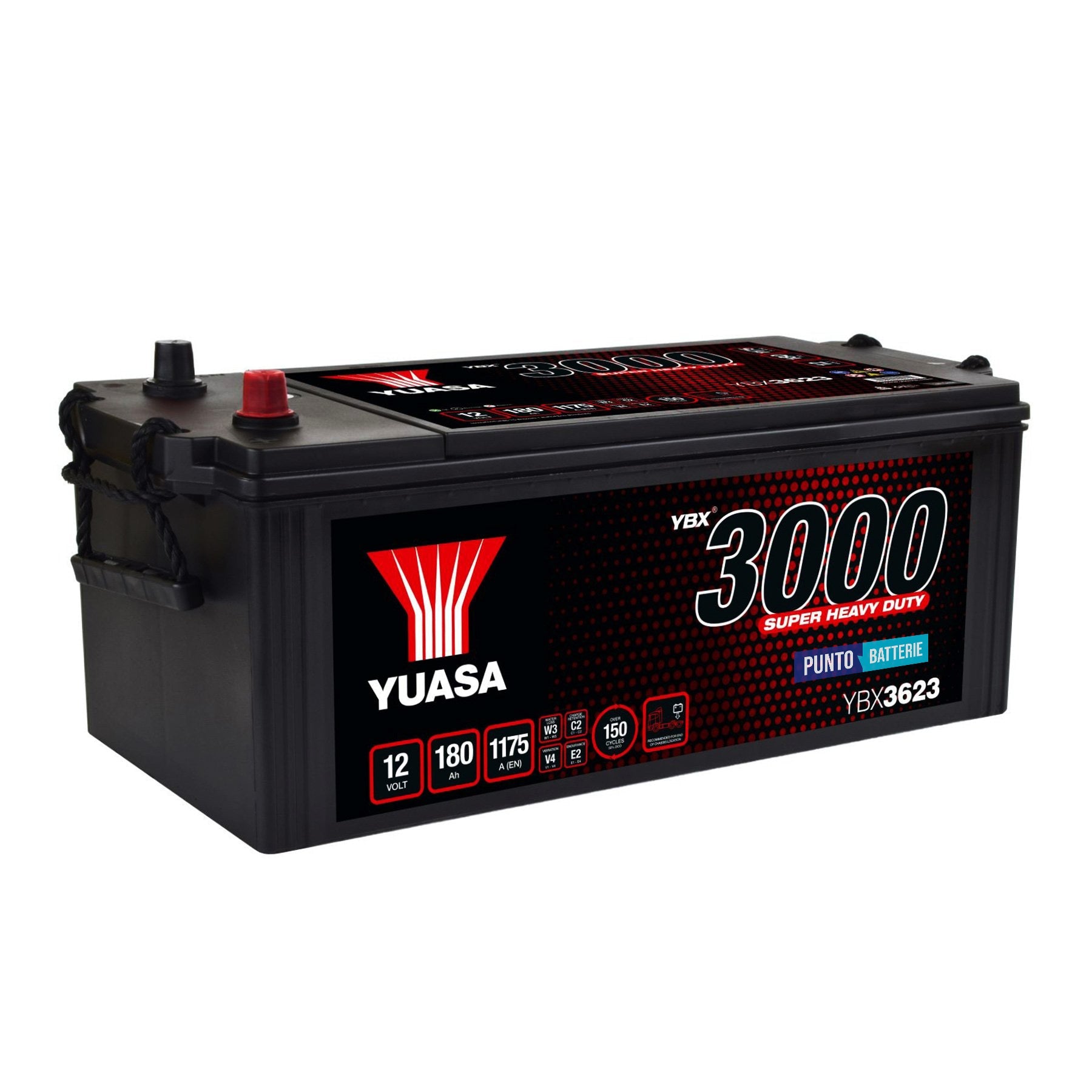 Batteria originale Yuasa YBX3000 YBX3623, dimensioni 511 x 222 x 215, polo positivo a destra, 12 volt, 180 amperora, 1175 ampere. Batteria per camion e veicoli pesanti.