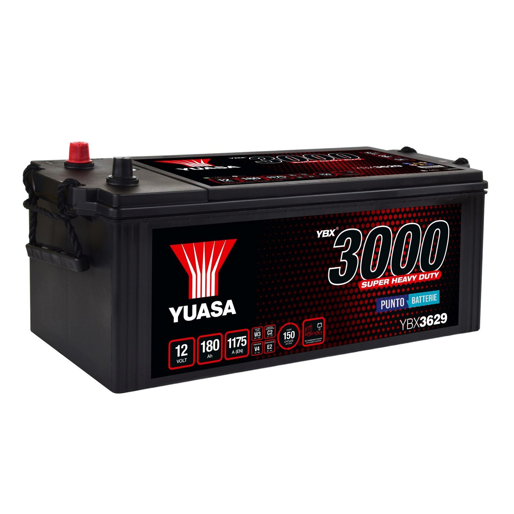 Batteria originale Yuasa YBX3000 YBX3629, dimensioni 511 x 222 x 215, polo positivo a sinistra, 12 volt, 180 amperora, 1175 ampere. Batteria per camion e veicoli pesanti.