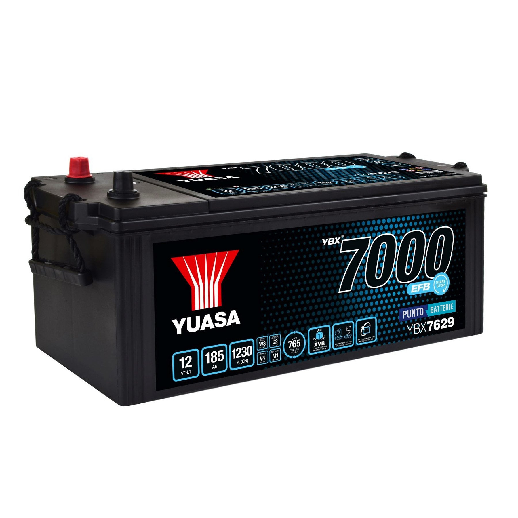Batteria originale Yuasa YBX7000 YBX7629, dimensioni 511 x 222 x 215, polo positivo a sinistra, 12 volt, 185 amperora, 1230 ampere, EFB. Batteria per camion e veicoli pesanti.