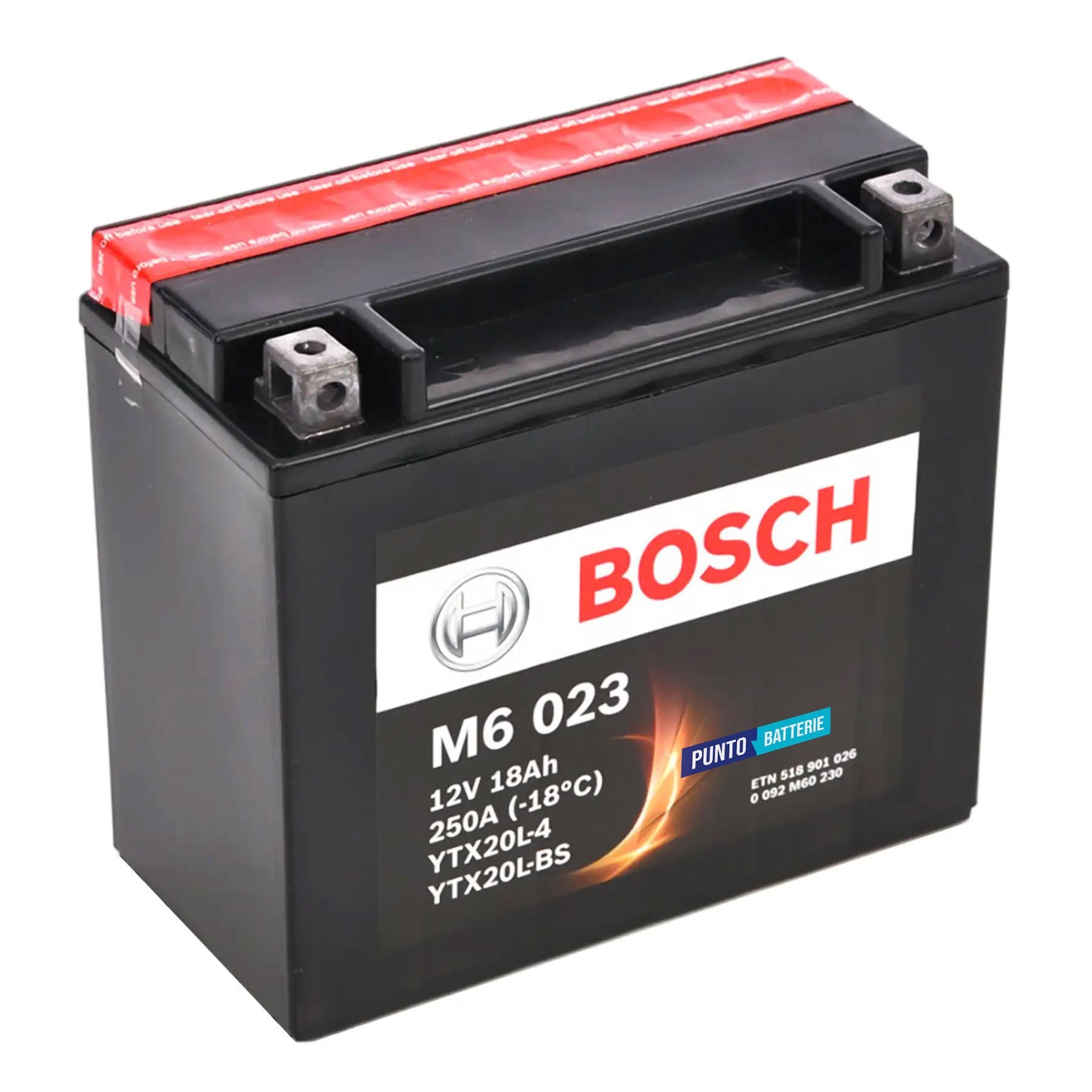 Batteria originale Bosch M6 M6023, dimensioni 175 x 87 x 155, polo positivo a destra, 12 volt, 18 amperora, 250 ampere. Batteria per moto, scooter e powersport.