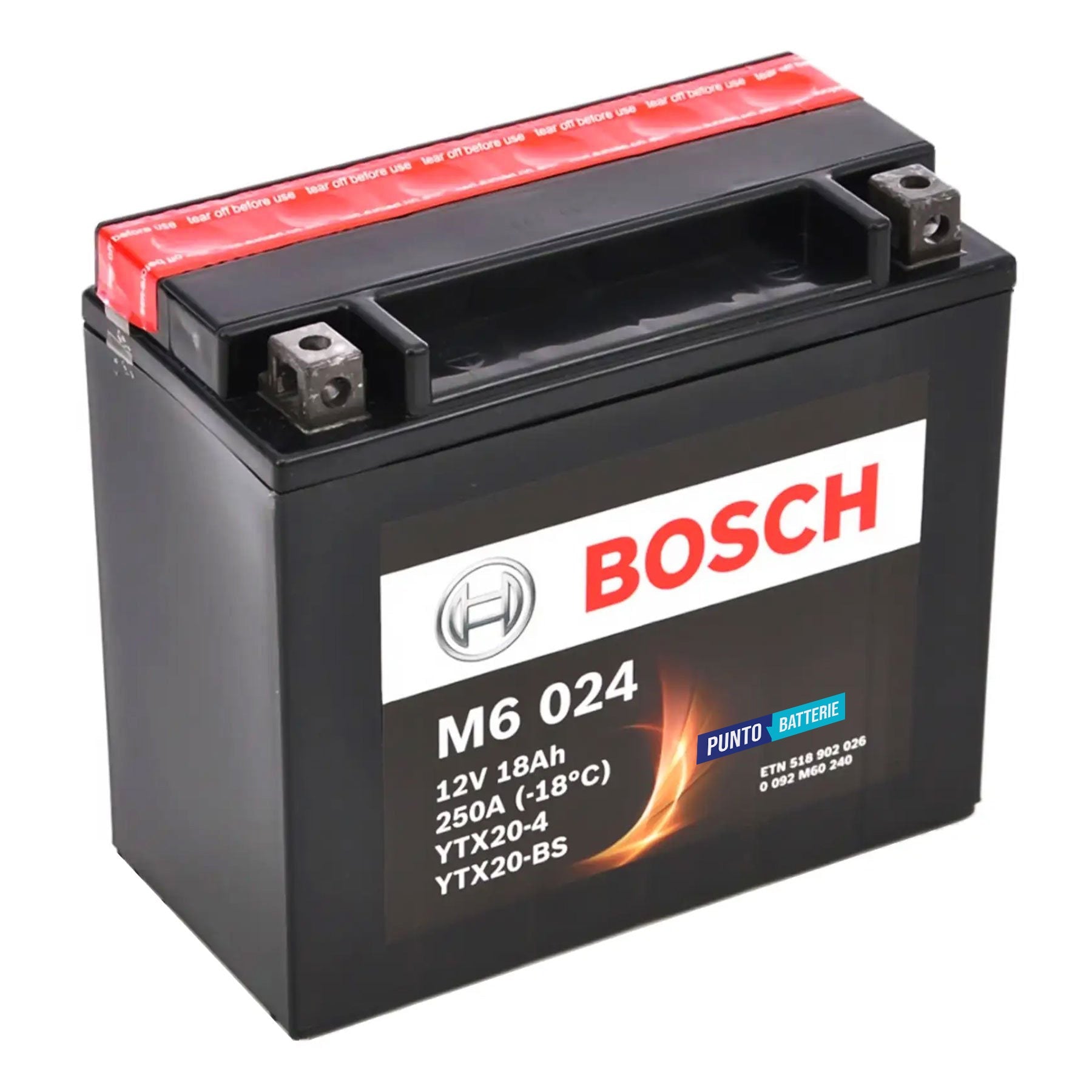 Batteria originale Bosch M6 M6024, dimensioni 175 x 87 x 155, polo positivo a sinistra, 12 volt, 18 amperora, 250 ampere. Batteria per moto, scooter e powersport.