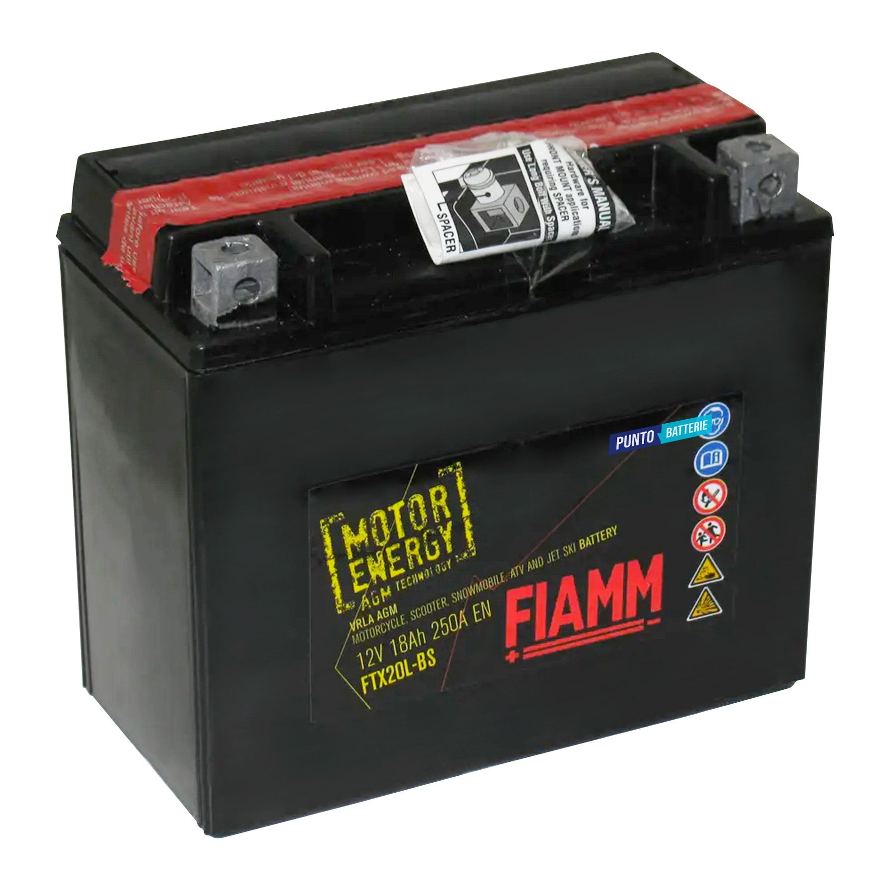 Batteria originale Fiamm Motor Energy AGM FTX20CH-BS, dimensioni 150 x 87 x 161, polo positivo a sinistra, 12 volt, 18 amperora, 270 ampere. Batteria per moto, scooter e powersport.