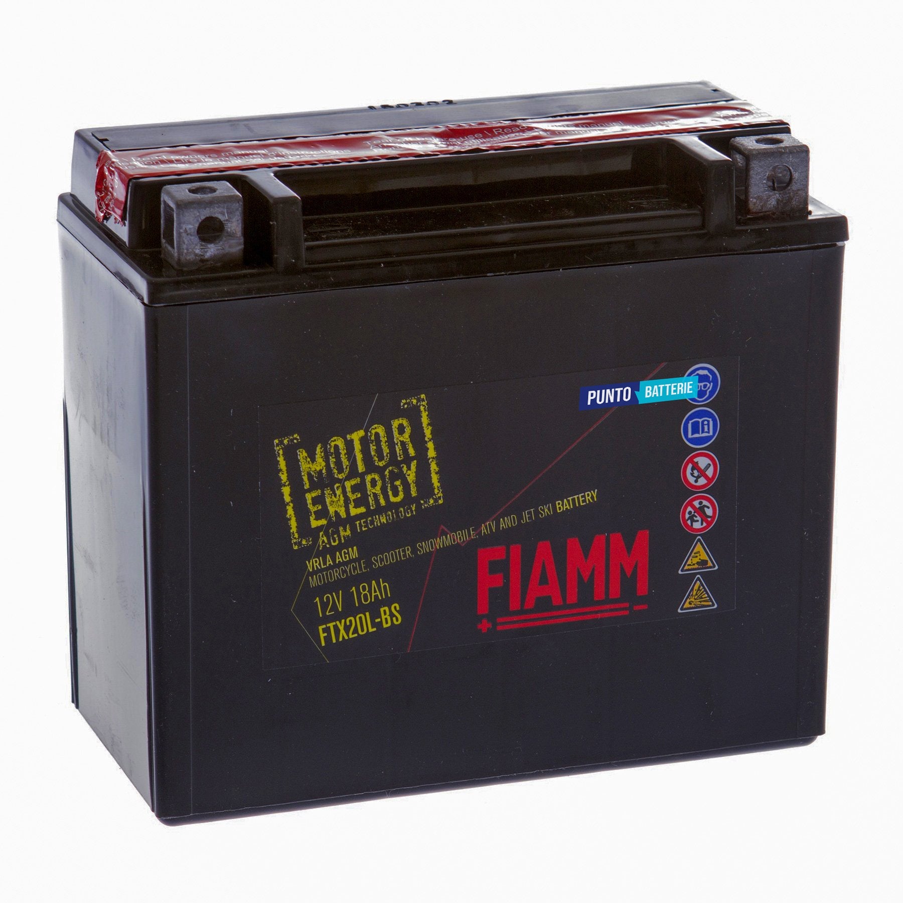 Batteria originale Fiamm Motor Energy AGM FTX20L-BS, dimensioni 175 x 87 x 155, polo positivo a destra, 12 volt, 18 amperora, 250 ampere. Batteria per moto, scooter e powersport.