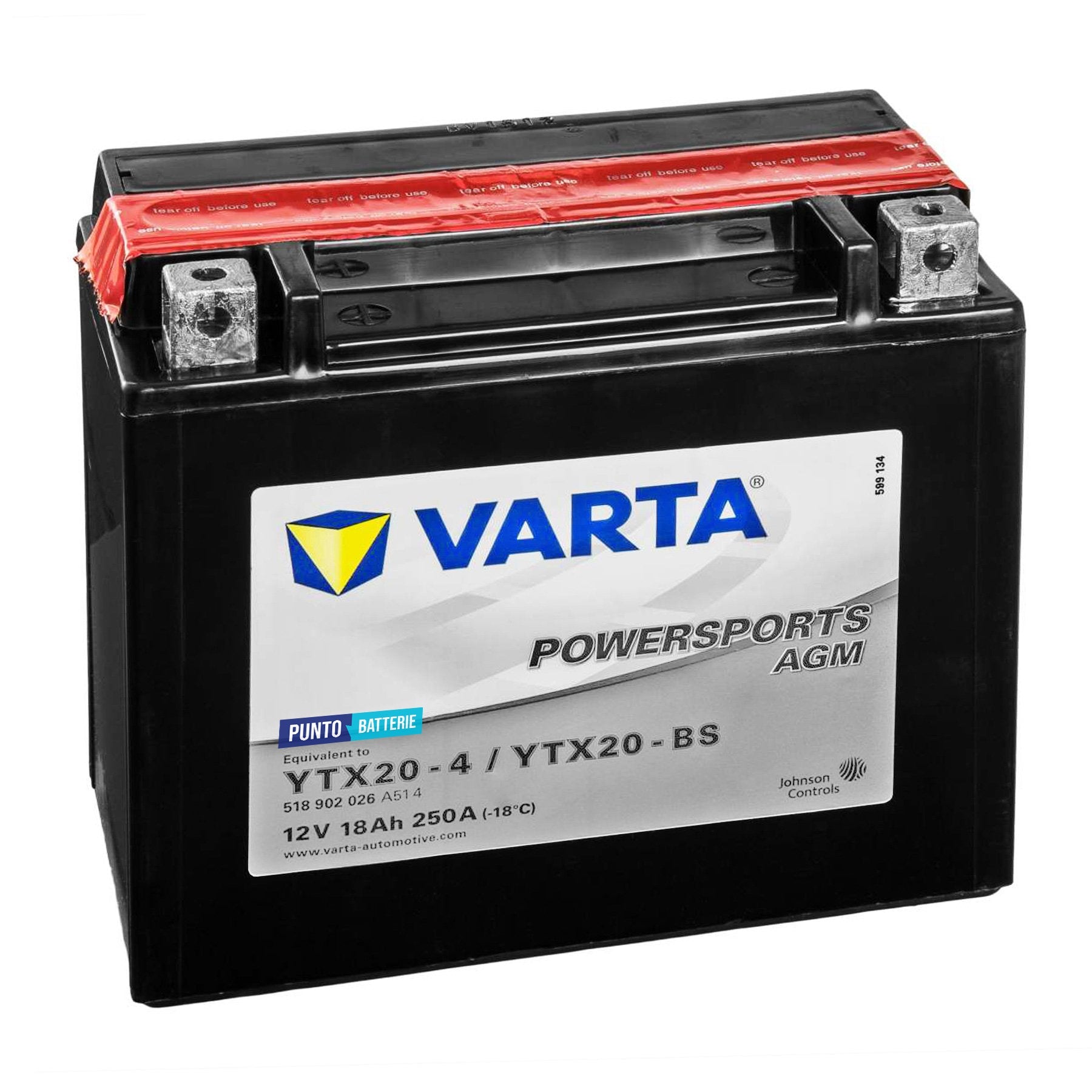 Batteria originale Varta Powersport AGM YTX20-4, dimensioni 152 x 88 x 131, polo positivo a sinistra, 12 volt, 18 amperora, 250 ampere. Batteria per moto, scooter e powersport.
