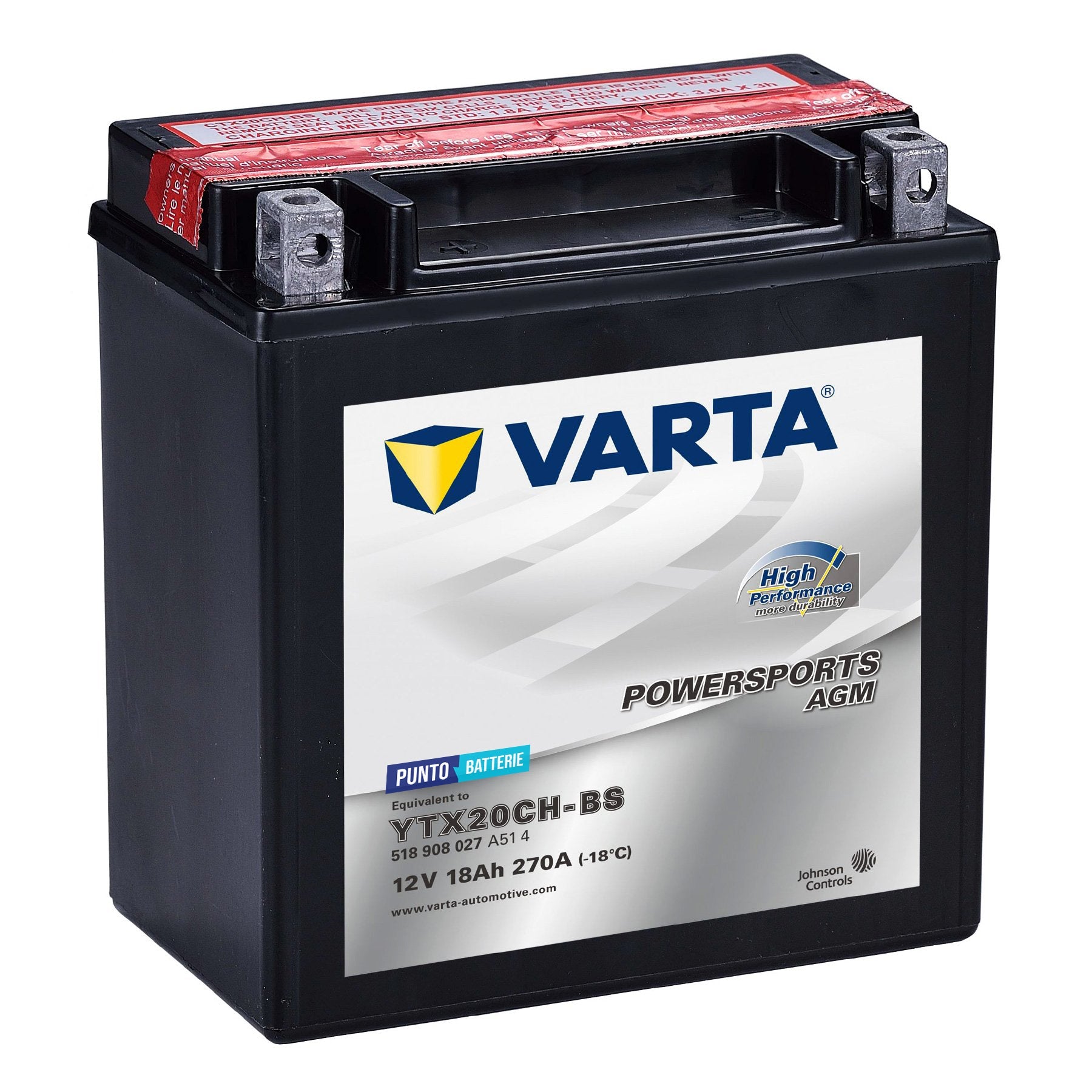 Batteria originale Varta Powersport AGM High Performance YTX20CH-BS, dimensioni 150 x 87 x 130, polo positivo a sinistra, 12 volt, 18 amperora, 270 ampere. Batteria per moto, scooter e powersport.