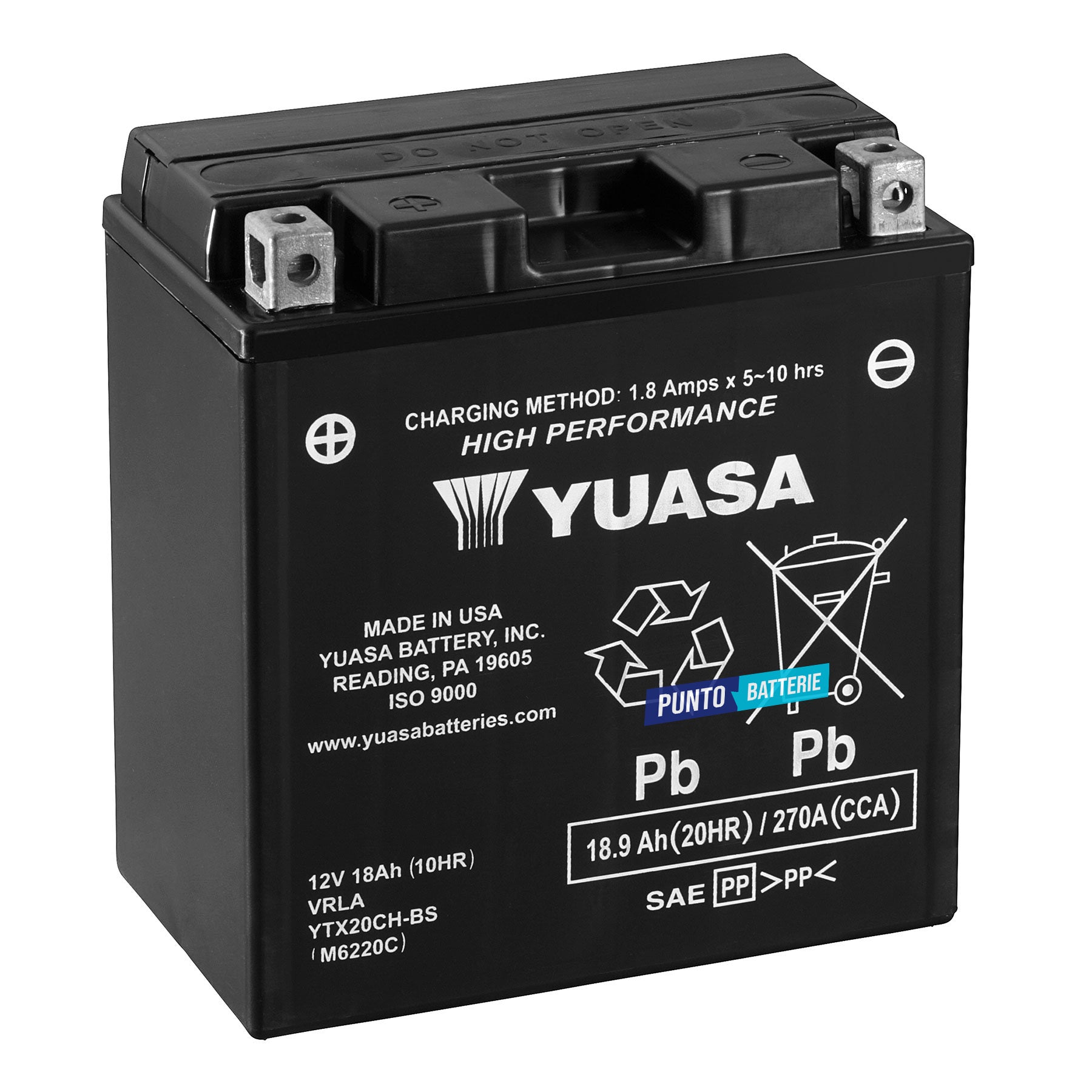 Batteria originale Yuasa YTX High Performance YTX20CH-BS, dimensioni 150 x 87 x 161, polo positivo a sinistra, 12 volt, 18 amperora, 270 ampere. Batteria per moto, scooter e powersport.