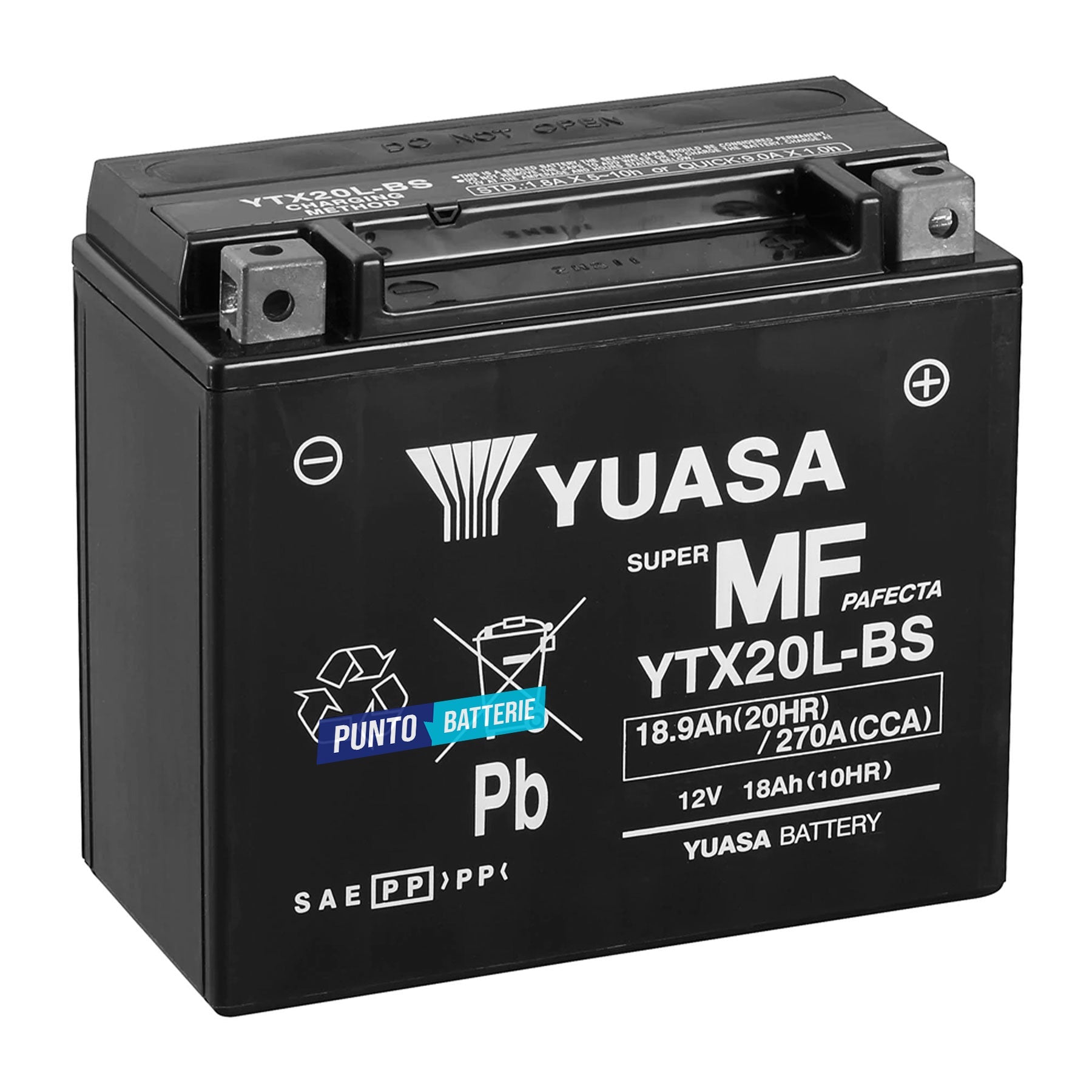 Batteria originale Yuasa YTX YTX20L-BS, dimensioni 175 x 87 x 155, polo positivo a destra, 12 volt, 18 amperora, 270 ampere. Batteria per moto, scooter e powersport.