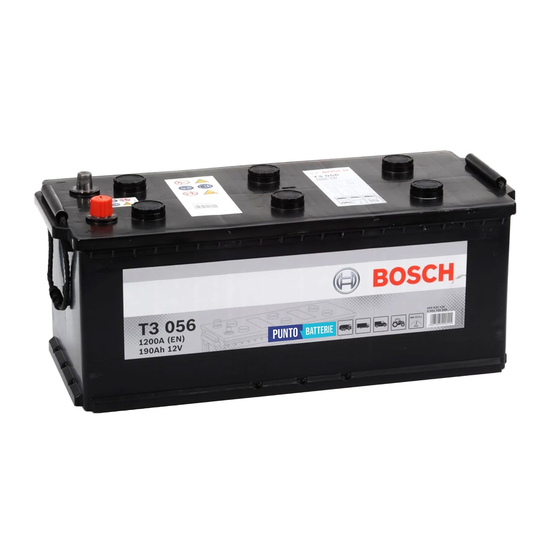 Batteria originale Bosch T3 T3056, dimensioni 513 x 223 x 223, polo positivo a destra, 12 volt, 190 amperora, 1200 ampere. Batteria per camion e veicoli pesanti.