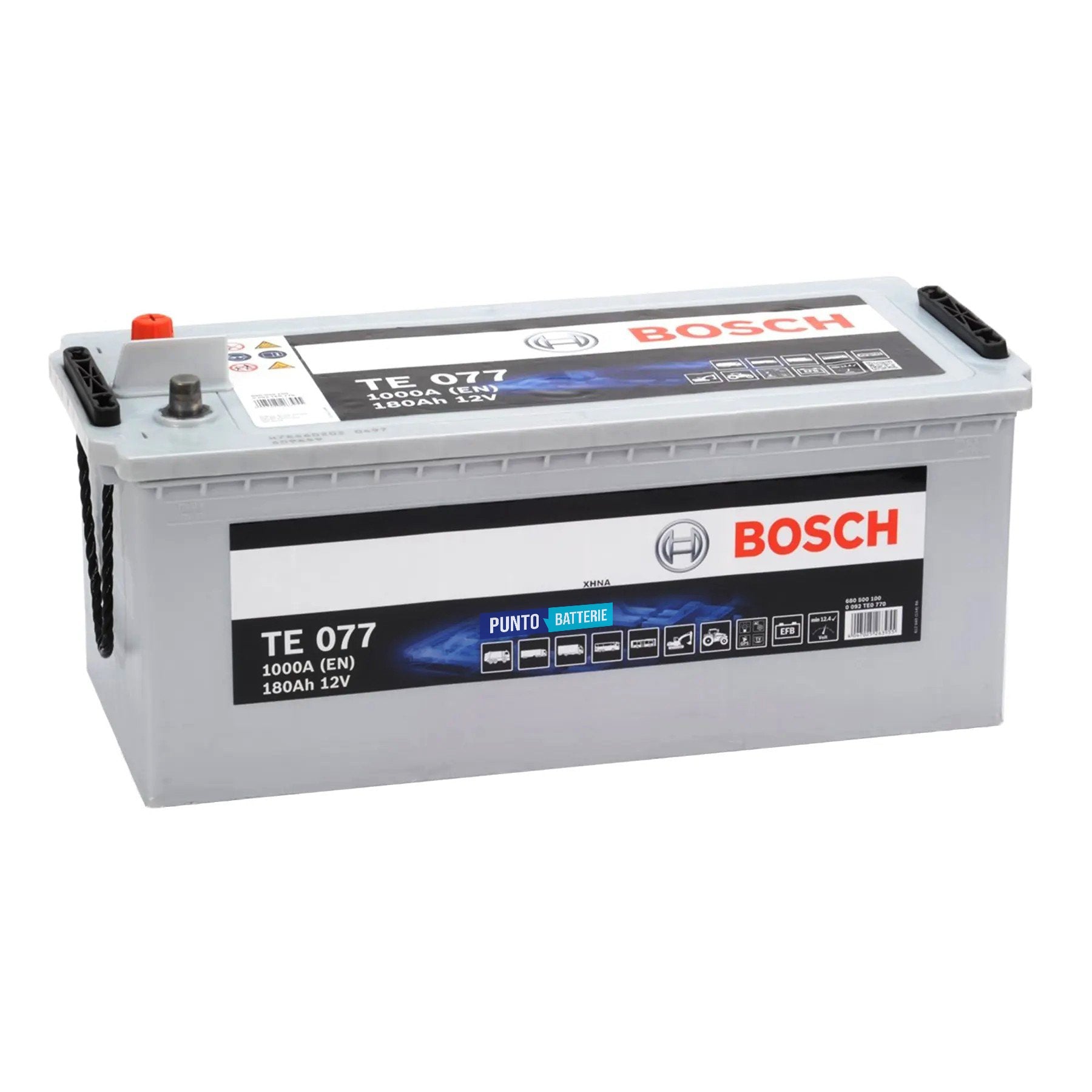 Batteria originale Bosch TE TE077, dimensioni 513 x 223 x 223, polo positivo a sinistra, 12 volt, 190 amperora, 1050 ampere, EFB. Batteria per camion e veicoli pesanti.