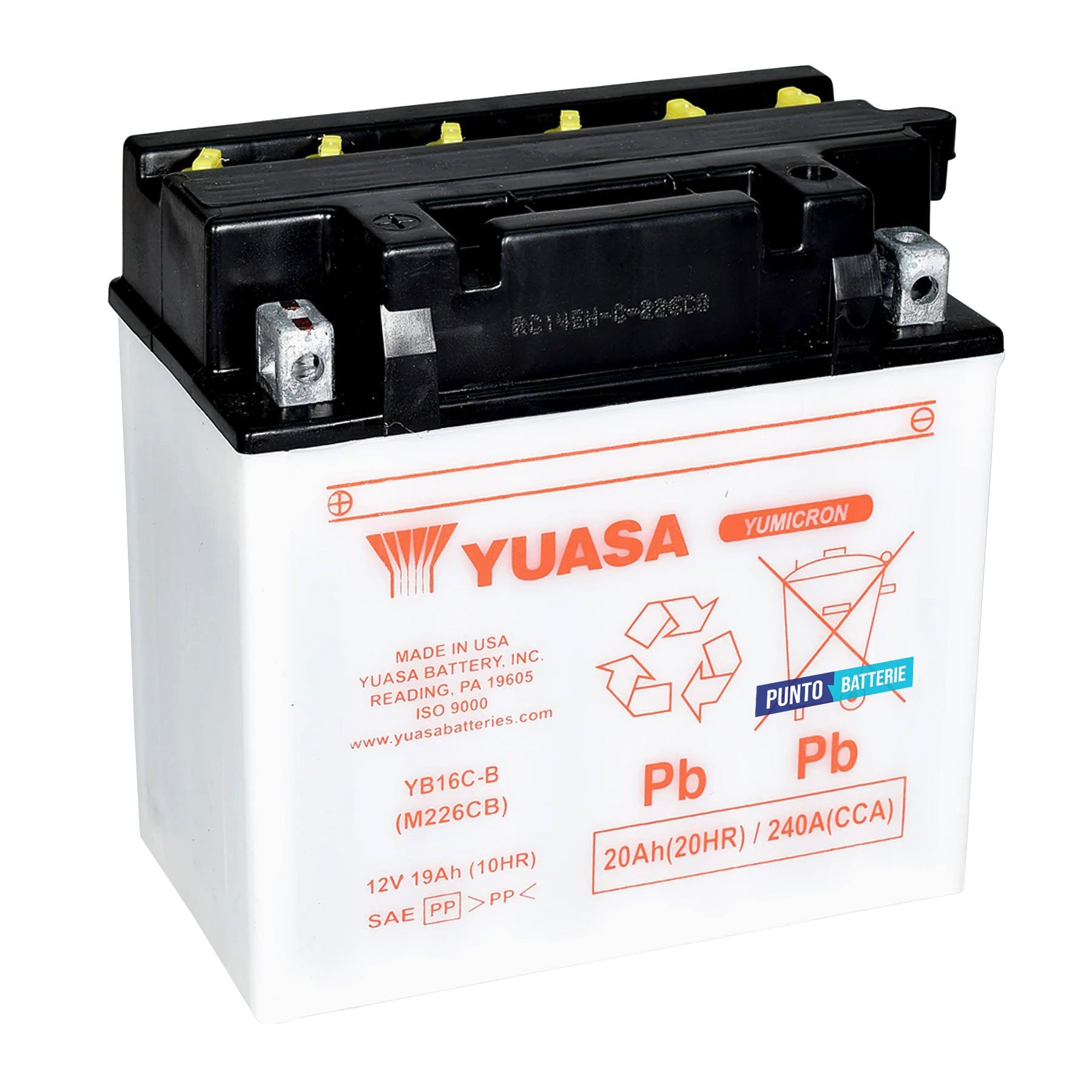 Batteria originale Yuasa Conventional YB16C-B, dimensioni 175 x 100 x 175, polo positivo a sinistra, 12 volt, 19 amperora, 240 ampere. Batteria per moto, scooter e powersport.
