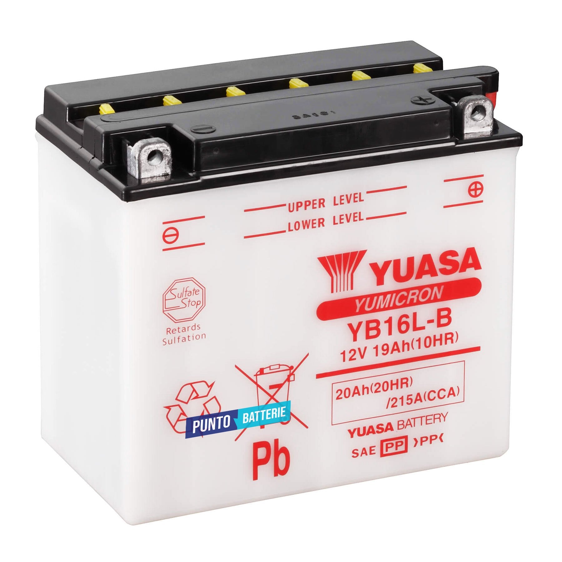 Batteria originale Yuasa YuMicron YB16L-B, dimensioni 175 x 100 x 155, polo positivo a destra, 12 volt, 19 amperora, 215 ampere. Batteria per moto, scooter e powersport.