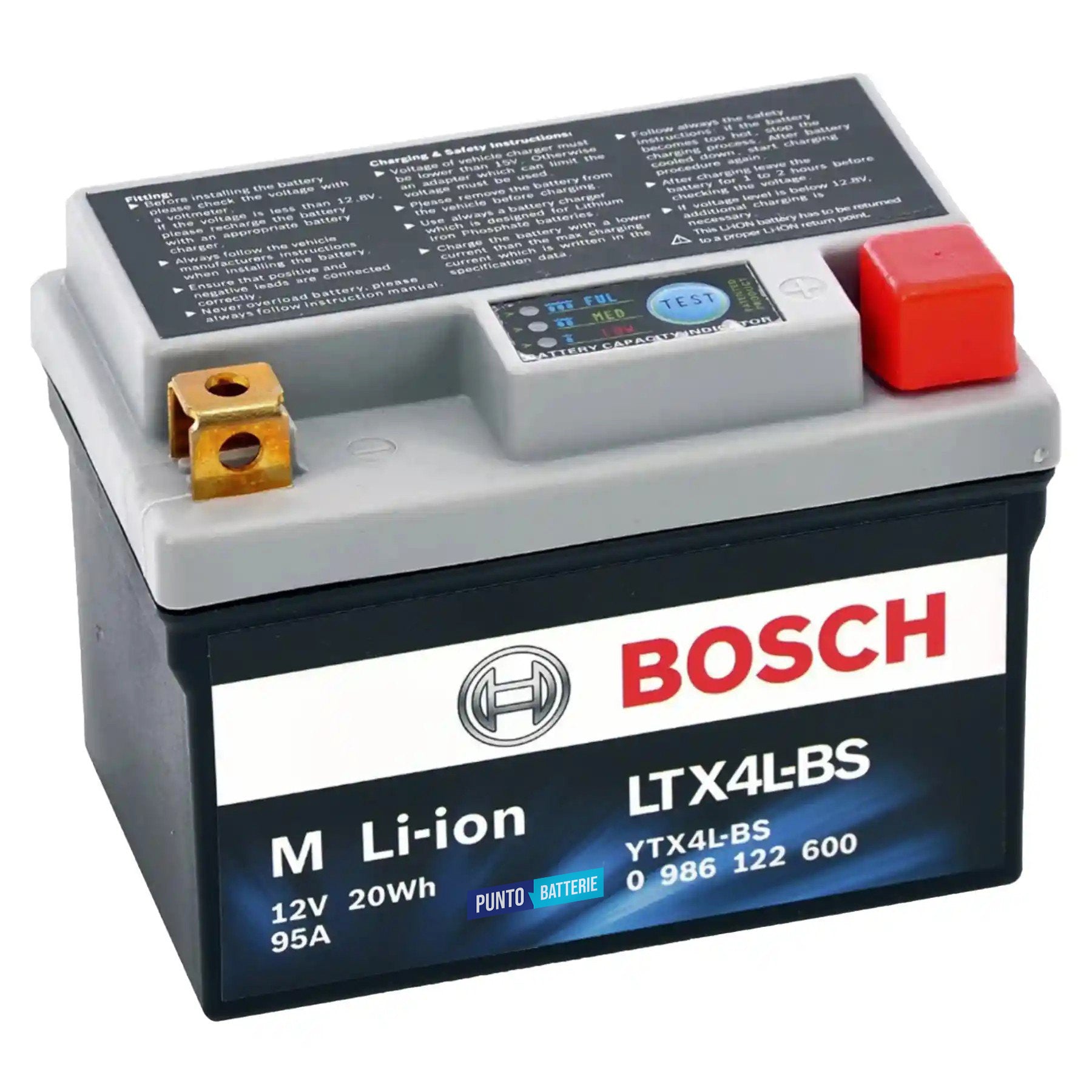 Batteria originale Bosch M Li-ion LTX4L-BS, dimensioni 150 x 87 x 143, polo positivo a destra, 12 volt, 1 amperora, 95 ampere. Batteria per moto, scooter e powersport.