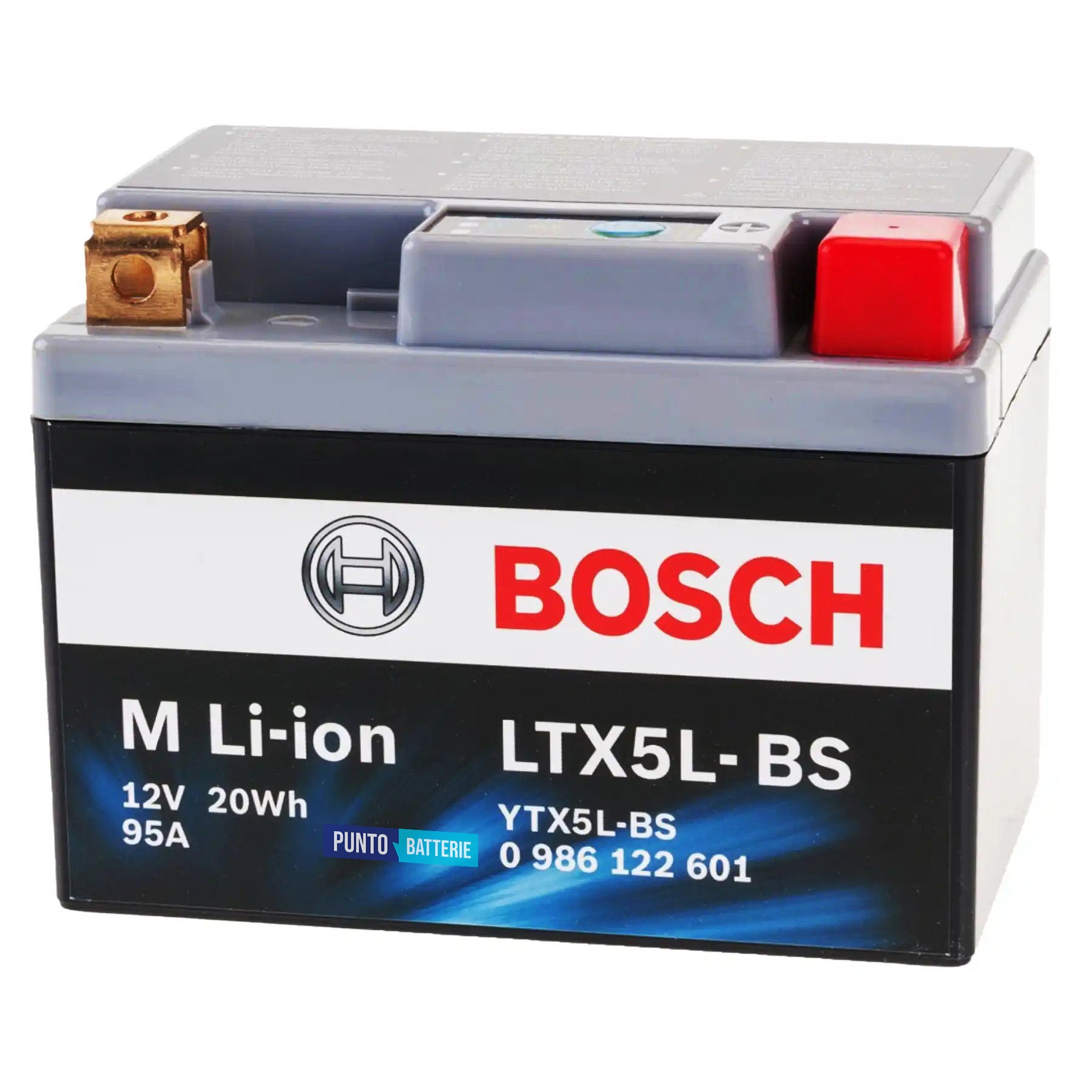 Batteria originale Bosch M Li-ion LTX5L-BS, dimensioni 150 x 87 x 143, polo positivo a destra, 12 volt, 1 amperora, 95 ampere. Batteria per moto, scooter e powersport.