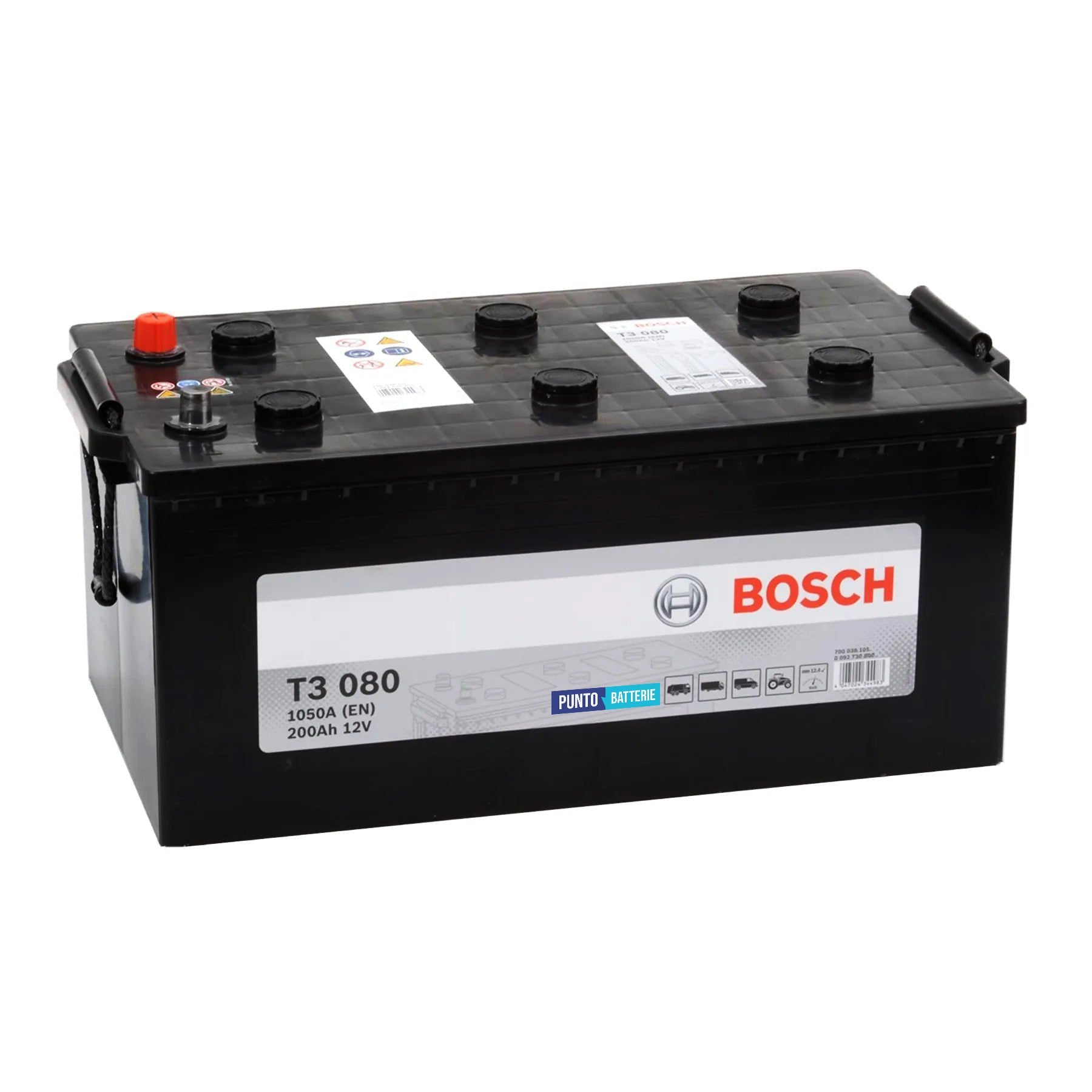 Batteria originale Bosch T3 T3080, dimensioni 518 x 276 x 242, polo positivo a sinistra, 12 volt, 200 amperora, 1050 ampere. Batteria per camion e veicoli pesanti.