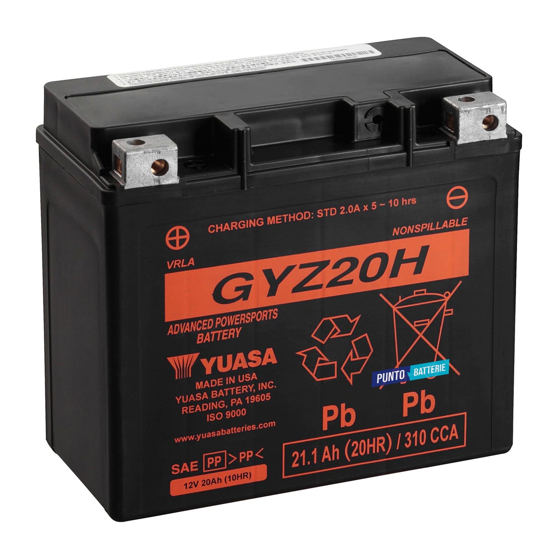 Batteria originale Yuasa GYZ GYZ20H, dimensioni 175 x 87 x 155, polo positivo a sinistra, 12 volt, 20 amperora, 320 ampere. Batteria per moto, scooter e powersport.
