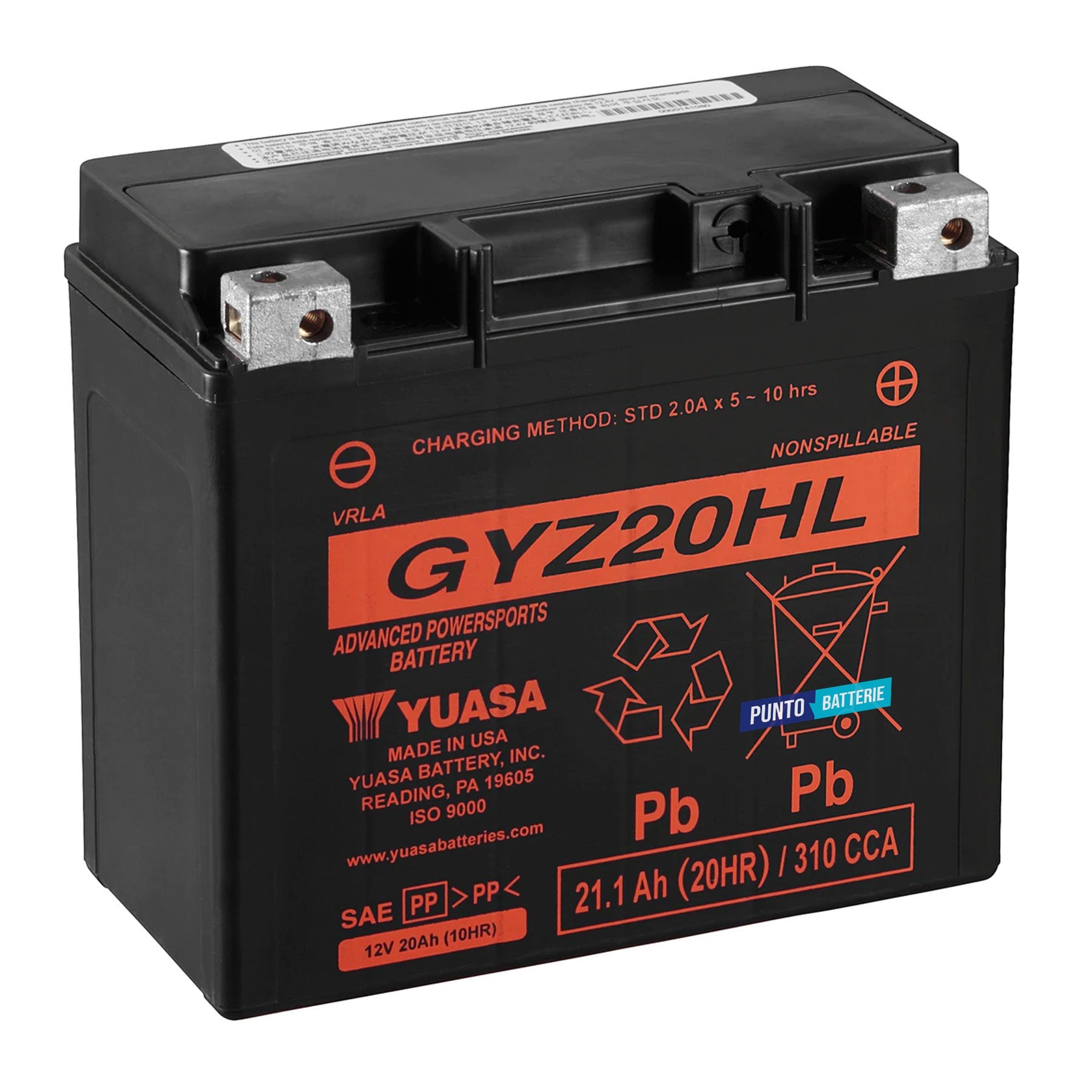 Batteria originale Yuasa GYZ GYZ20HL, dimensioni 175 x 87 x 155, polo positivo a destra, 12 volt, 20 amperora, 320 ampere. Batteria per moto, scooter e powersport.