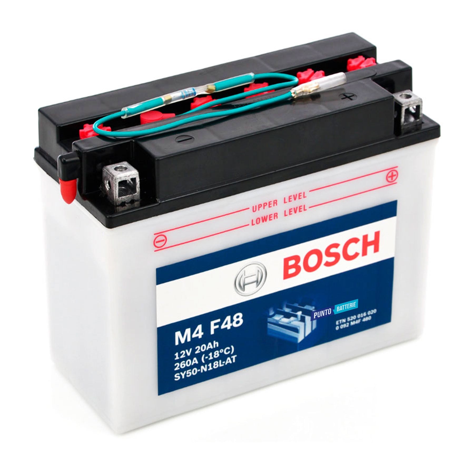 Batteria originale Bosch M4 M4F48, dimensioni 205 x 90 x 162, polo positivo a destra, 12 volt, 20 amperora, 260 ampere. Batteria per moto, scooter e powersport.