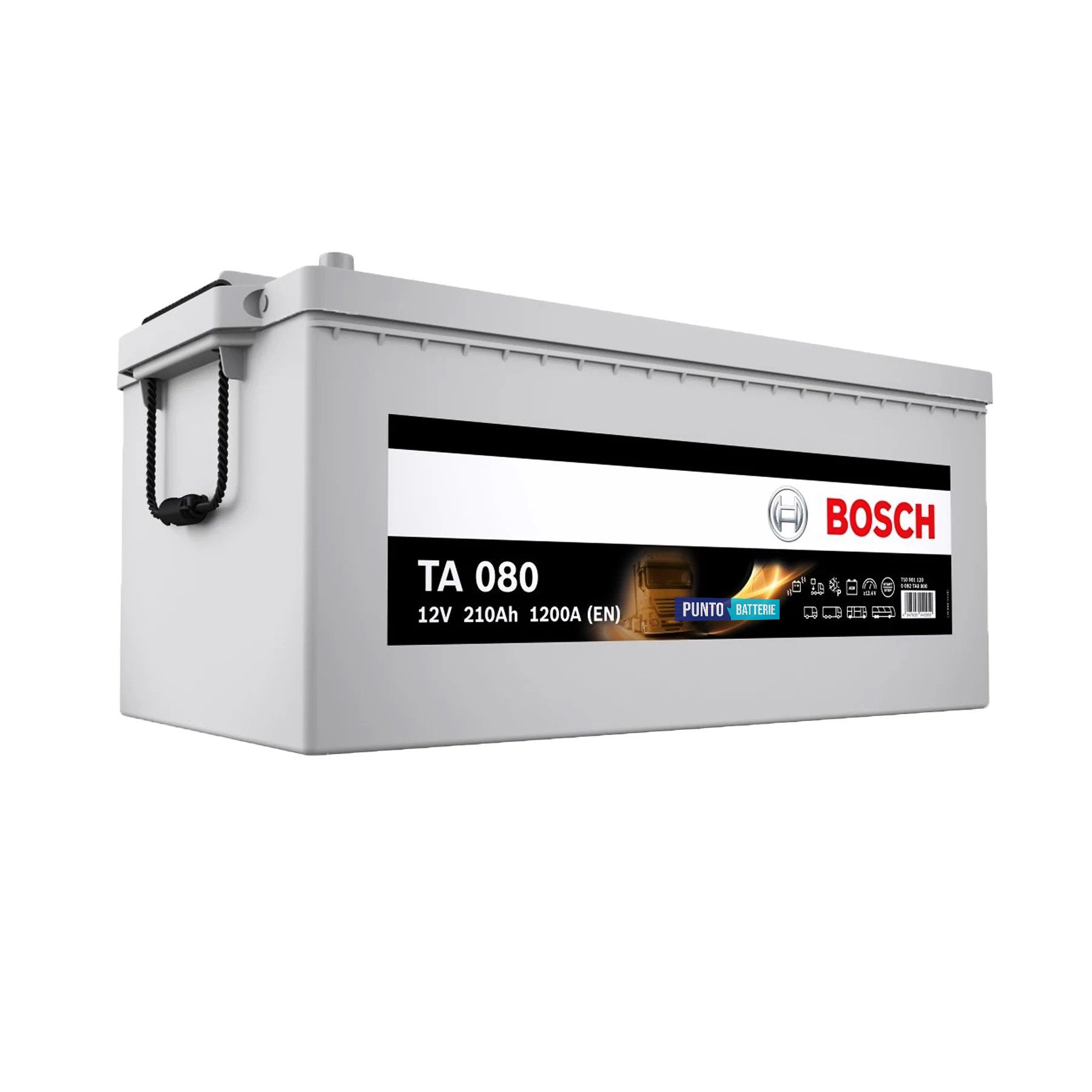 Batteria originale Bosch TA TA080, dimensioni 518 x 276 x 242, polo positivo a sinistra, 12 volt, 210 amperora, 1200 ampere, AGM. Batteria per camion e veicoli pesanti.
