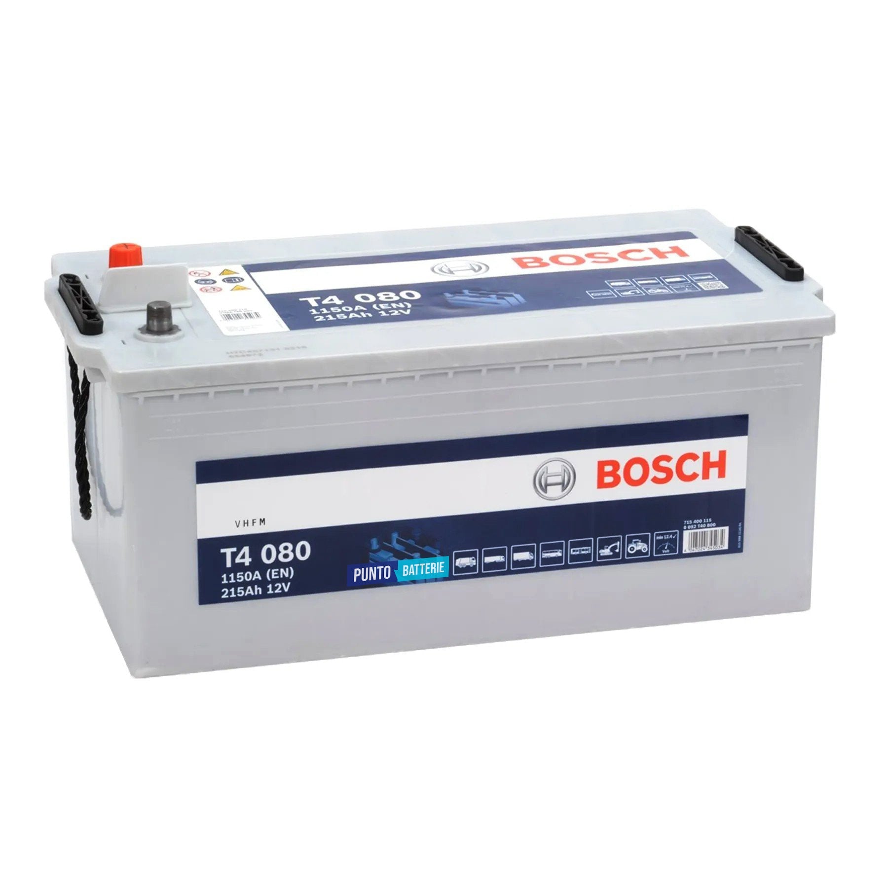 Batteria originale Bosch T4 T4080, dimensioni 518 x 276 x 242, polo positivo a sinistra, 12 volt, 215 amperora, 1150 ampere. Batteria per camion e veicoli pesanti.