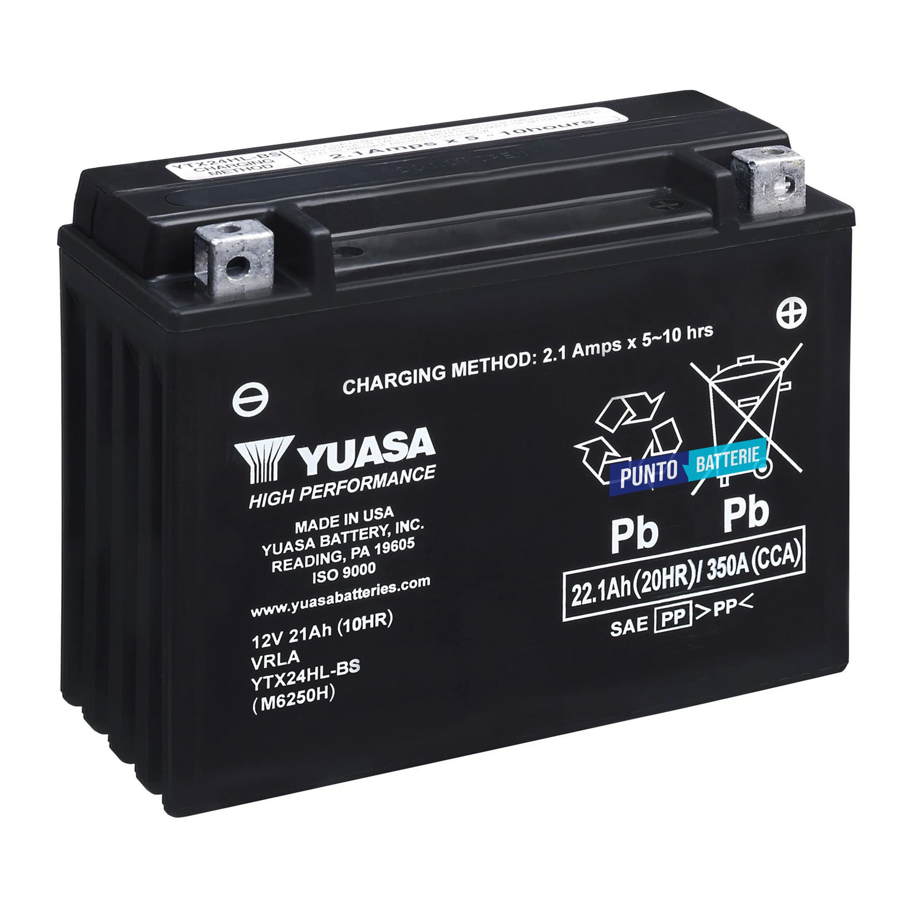 Batteria originale Yuasa YTX High Performance YTX24HL-BS, dimensioni 205 x 87 x 162, polo positivo a destra, 12 volt, 21 amperora, 350 ampere. Batteria per moto, scooter e powersport.