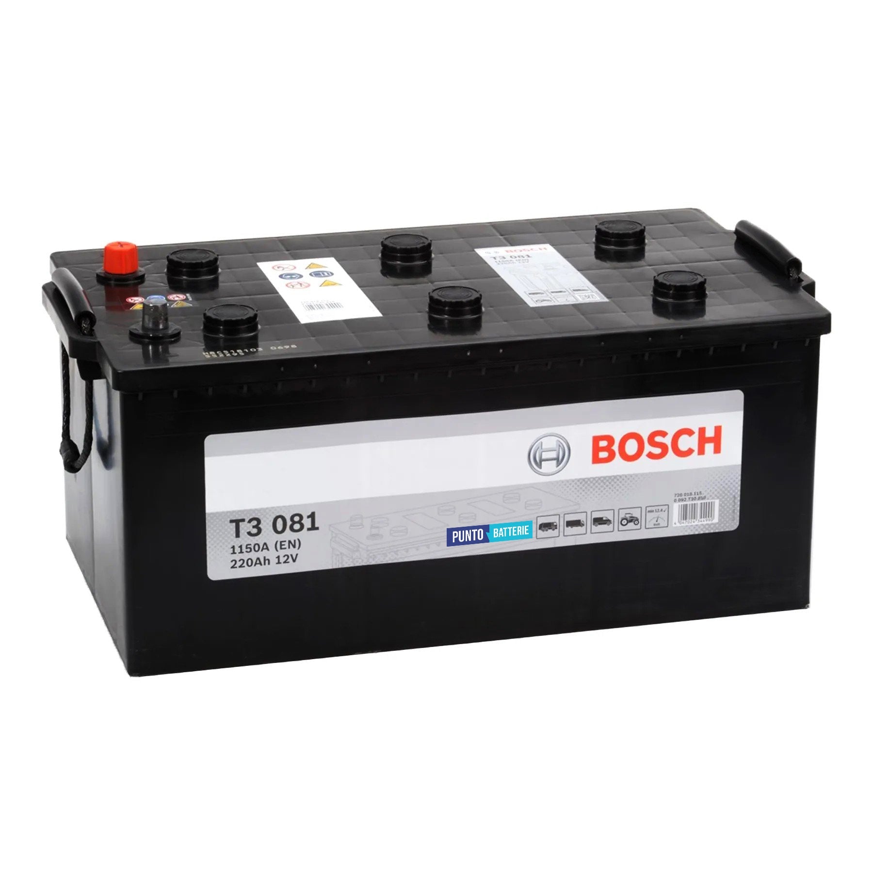 Batteria originale Bosch T3 T3081, dimensioni 518 x 291 x 242, polo positivo a sinistra, 12 volt, 220 amperora, 1150 ampere. Batteria per camion e veicoli pesanti.