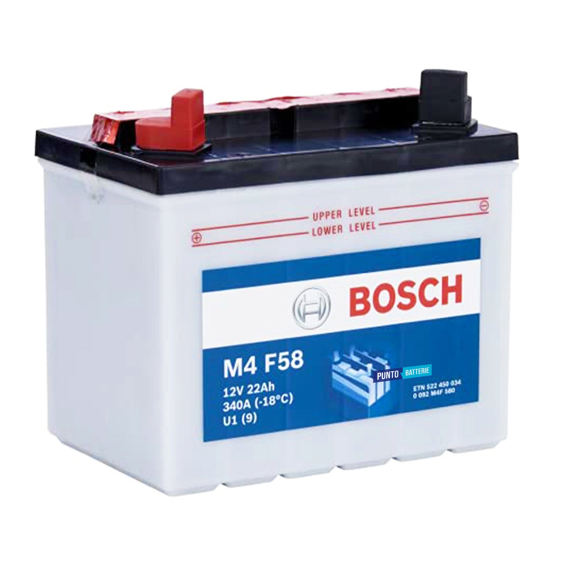 Batteria originale Bosch M4 M4F58, dimensioni 195 x 130 x 180, polo positivo a sinistra, 12 volt, 22 amperora, 340 ampere. Batteria per trattorino tagliaerba e rasaerba.